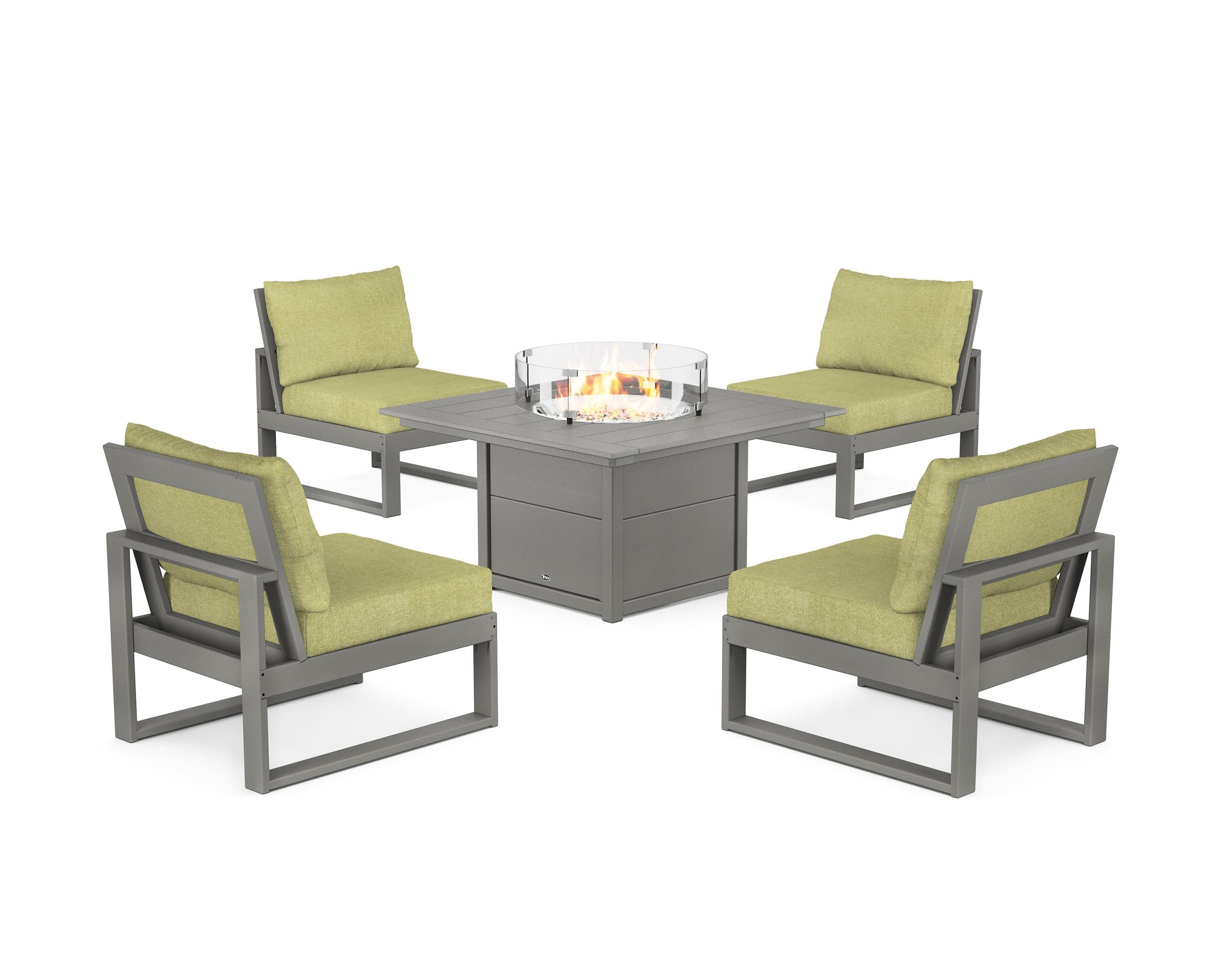 Eastport Modular 5-Piece Deep Seating Set with Square Fire Pit Table in Stepping Stone / Chartreuse Boucle
