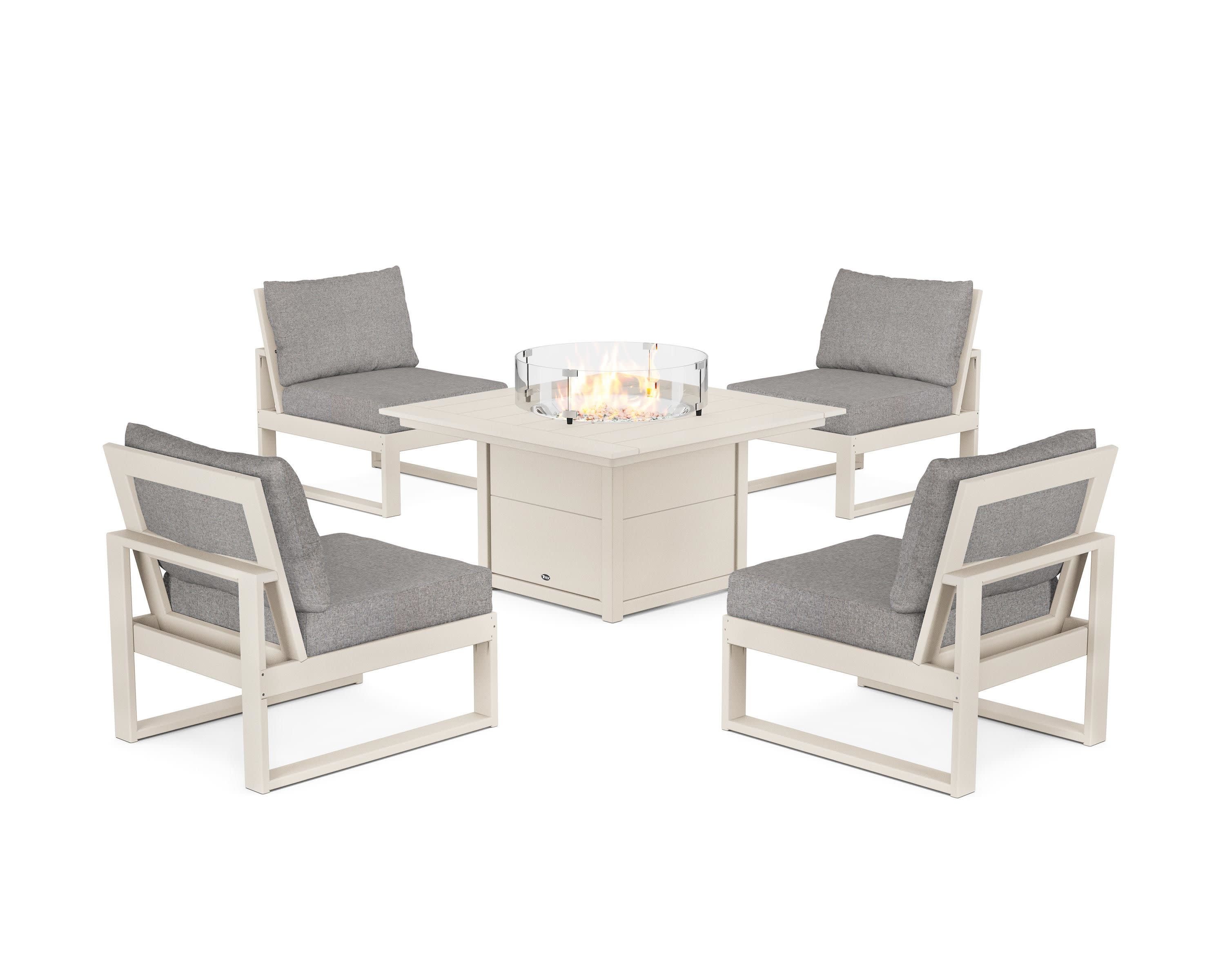 Eastport Modular 5-Piece Deep Seating Set with Square Fire Pit Table in Sand Castle / Grey Mist