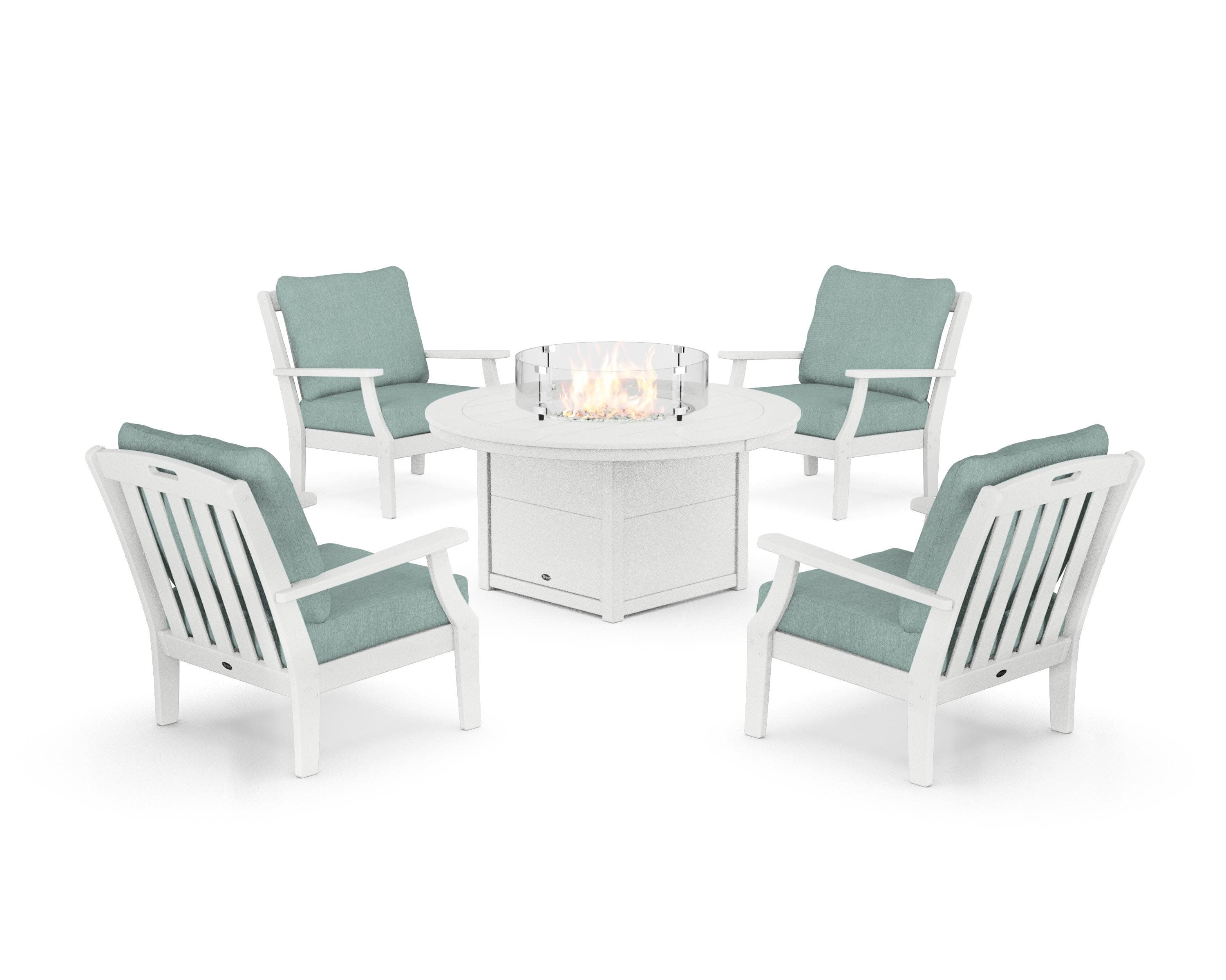 Yacht Club 5-Piece Deep Seating Set with Round Fire Pit Table in Classic White / Glacier Spa