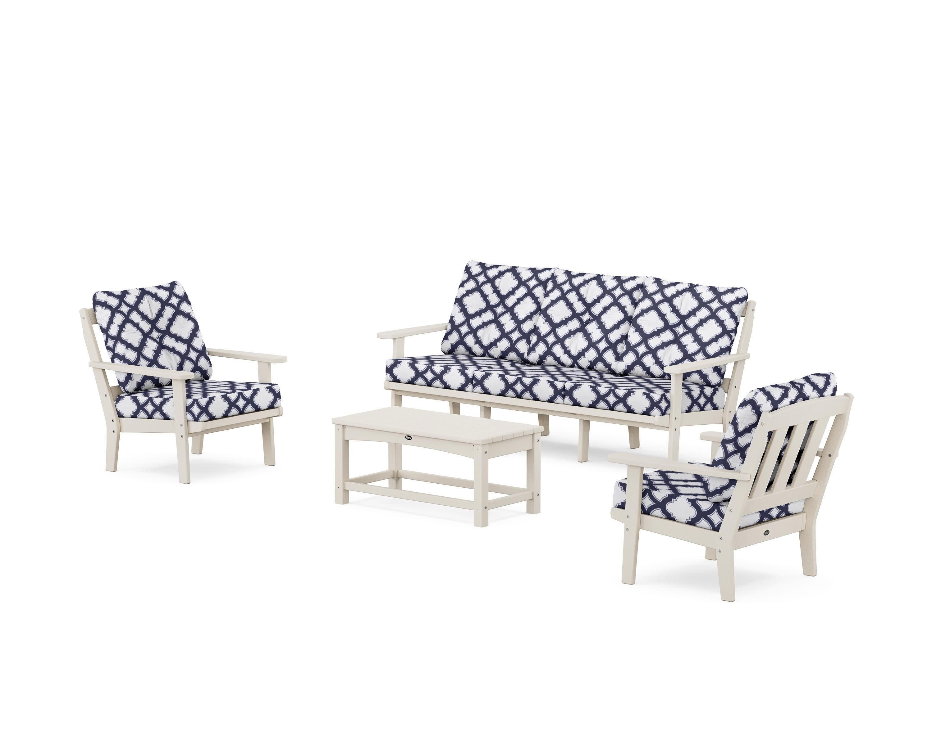 Cape Cod 4-Piece Deep Seating Set with Sofa in Sand Castle / Trellis Navy