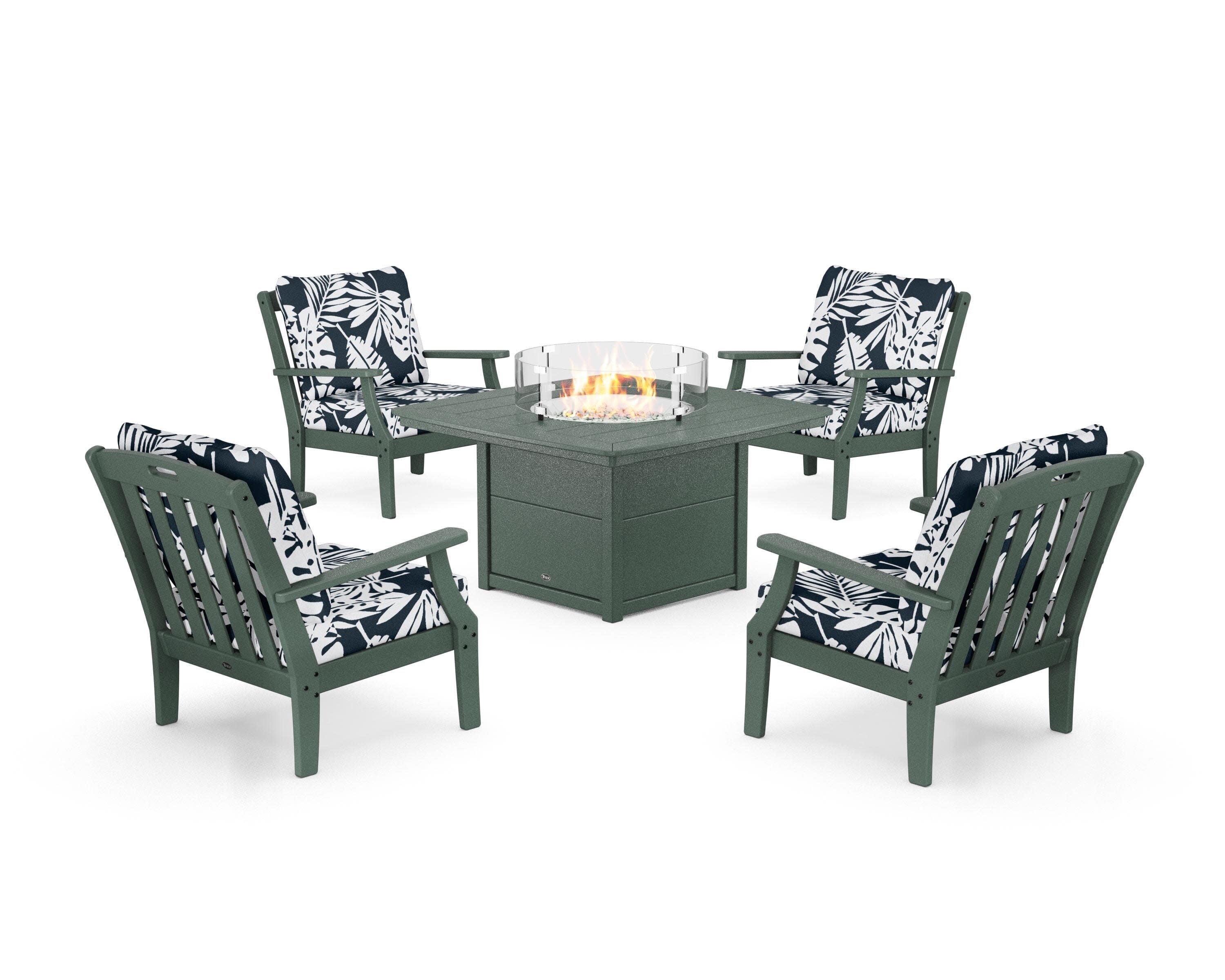 Yacht Club 5-Piece Deep Seating Set with Fire Pit Table in Rainforest Canopy / Leaf Marine Indigo