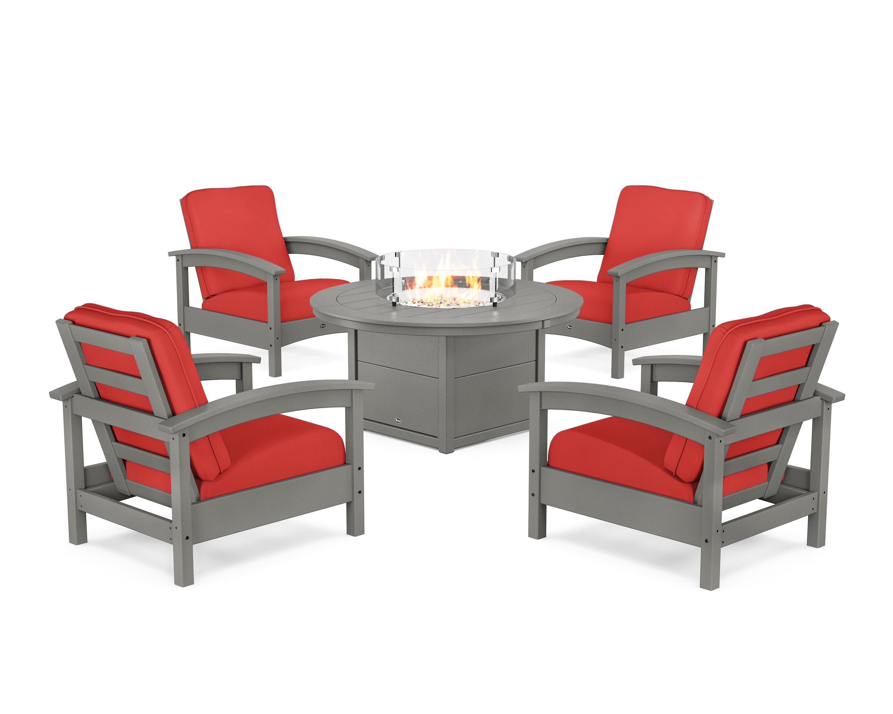 Rockport 5-Piece Deep Seating Set with Round Fire Pit Table in Stepping Stone / Crimson Linen