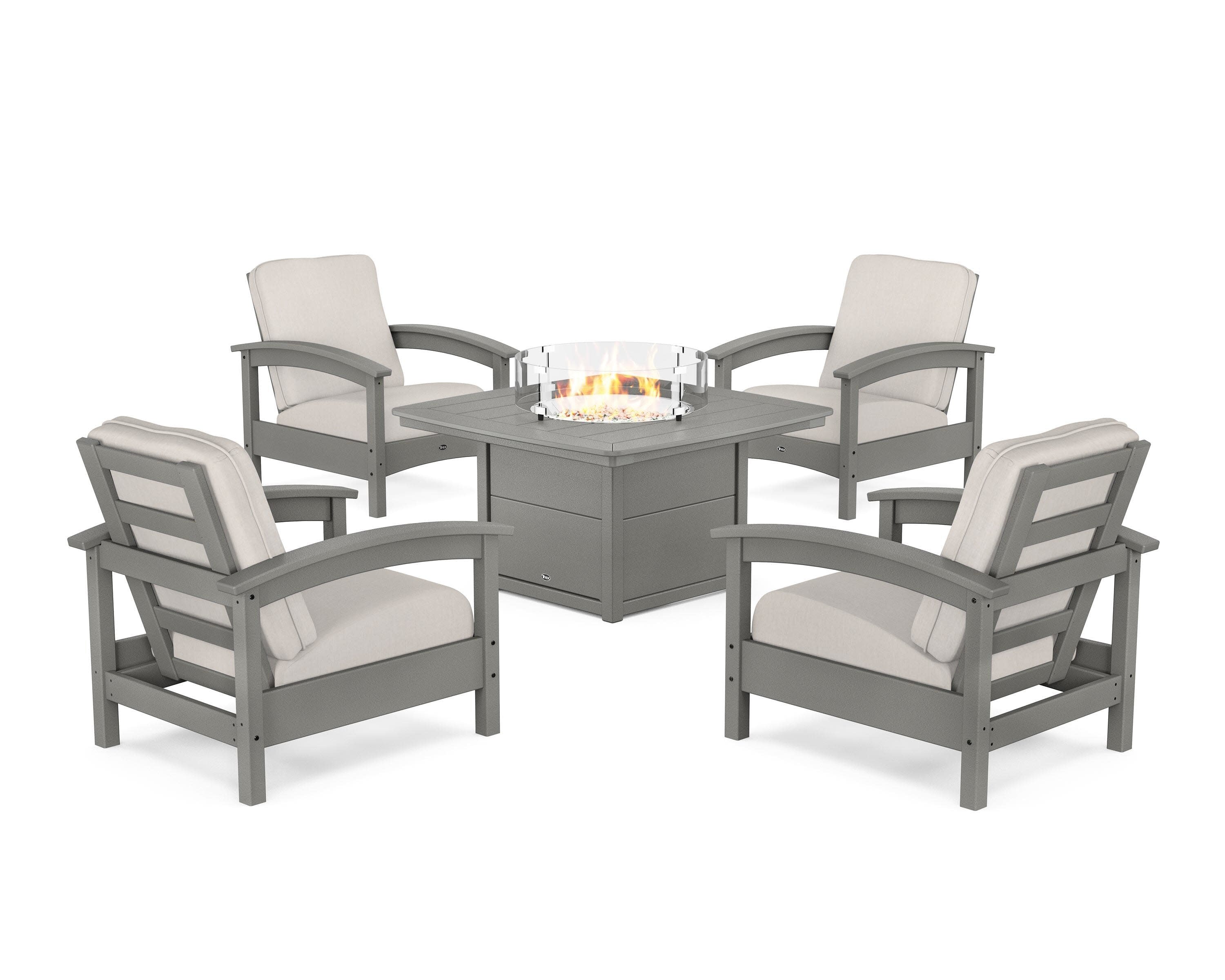 Rockport 5-Piece Deep Seating Set with Yacht Club Fire Pit Table in Stepping Stone / Cast Ash