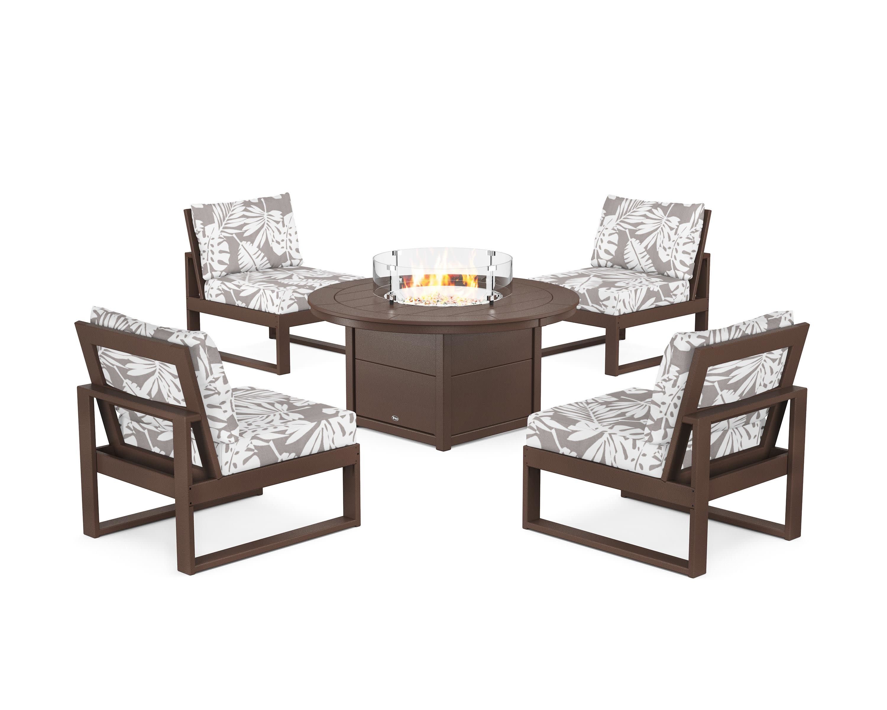 Eastport Modular 5-Piece Deep Seating Set with Round Fire Pit Table in Vintage Lantern / Leaf Grey Mist