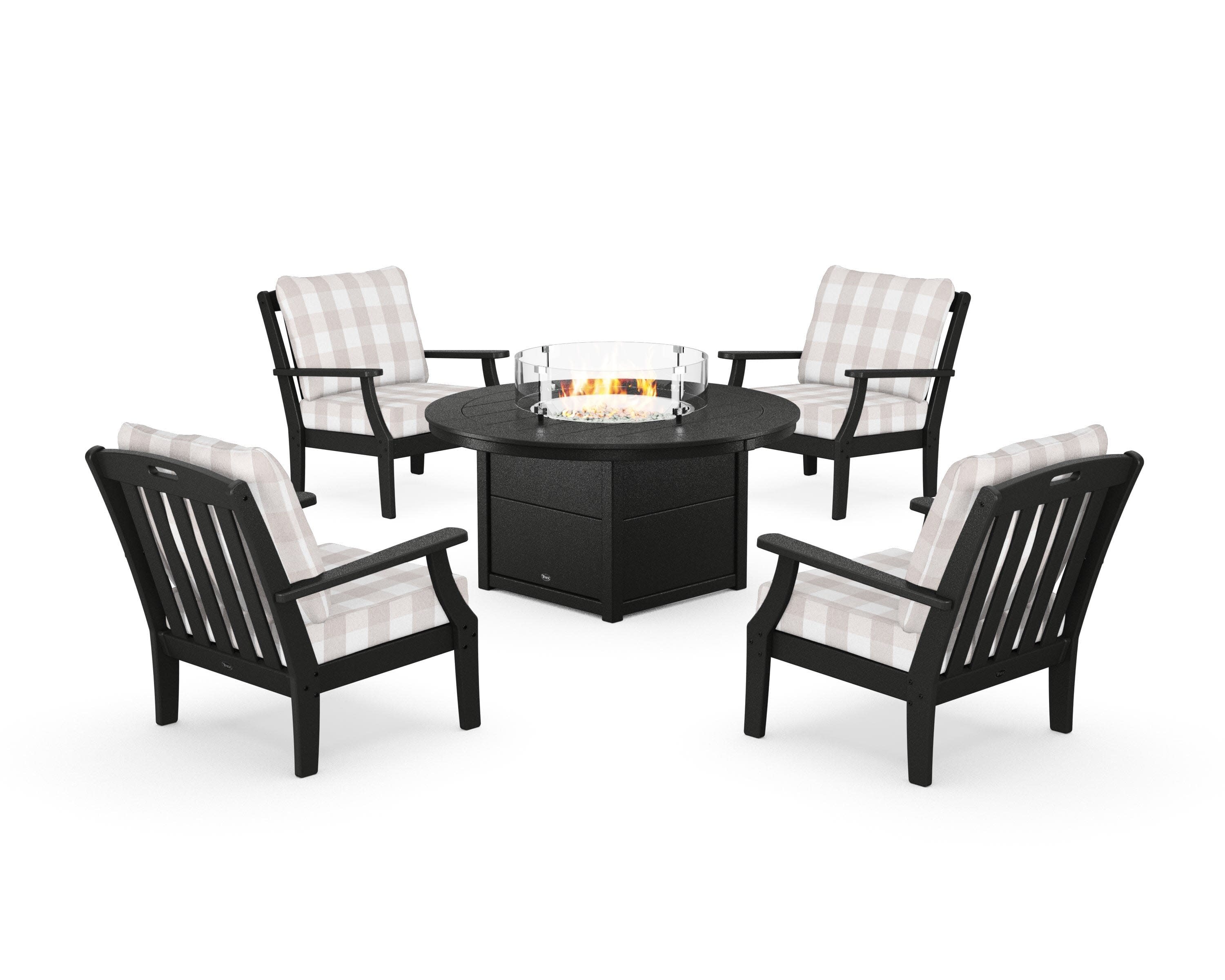 Yacht Club 5-Piece Deep Seating Set with Round Fire Pit Table in Charcoal Black / Buffalo Plaid Dune Burlap