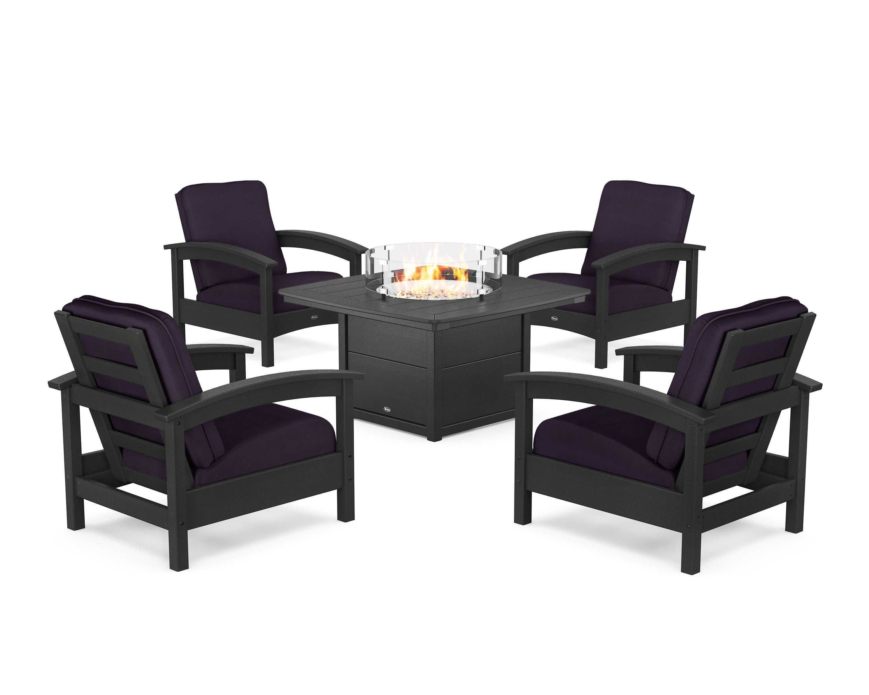 Rockport 5-Piece Deep Seating Set with Yacht Club Fire Pit Table in Charcoal Black / Navy Linen