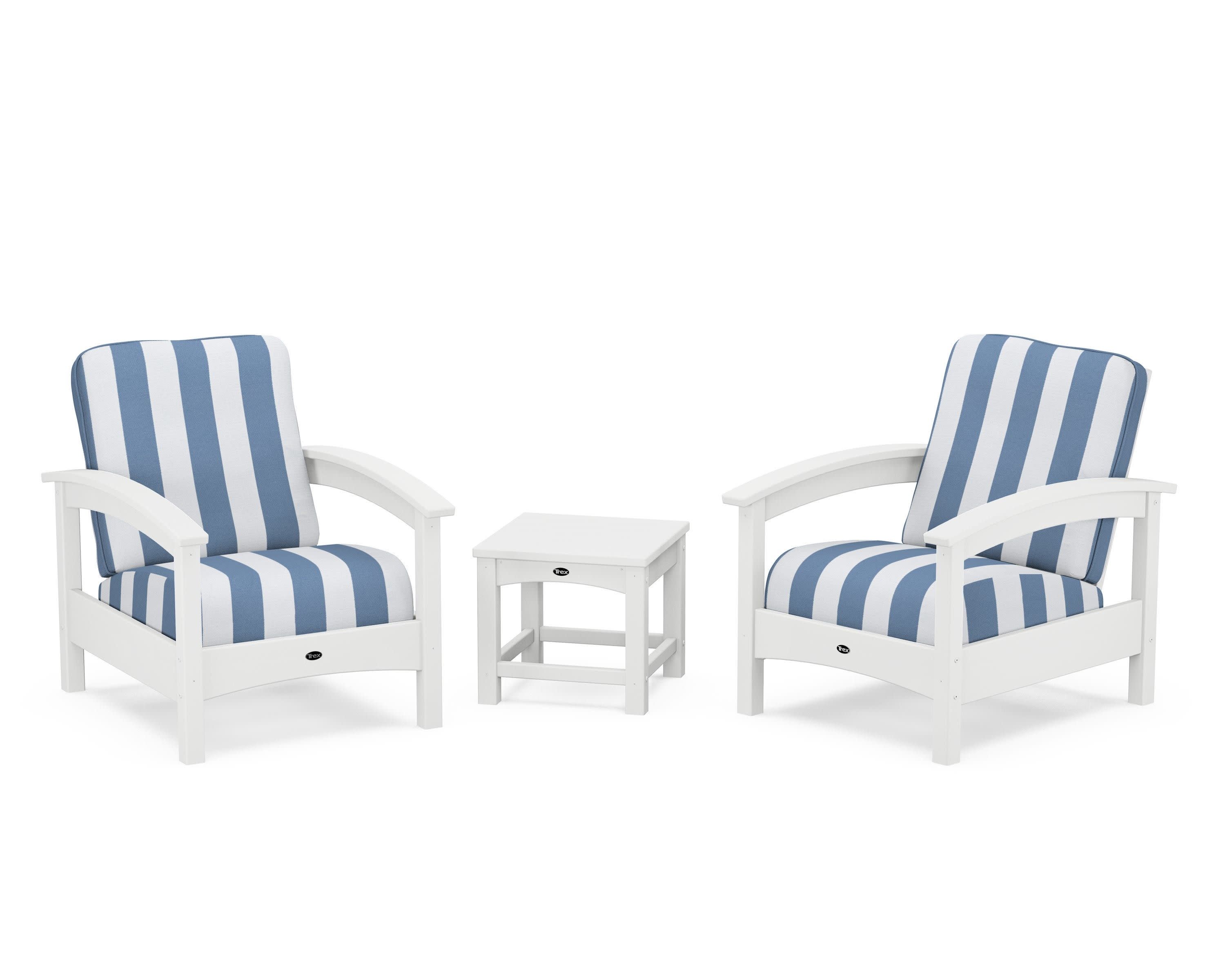 Rockport Club 3-Piece Deep Seating Conversation Set in Classic White / Cabana Stripe Sky Blue