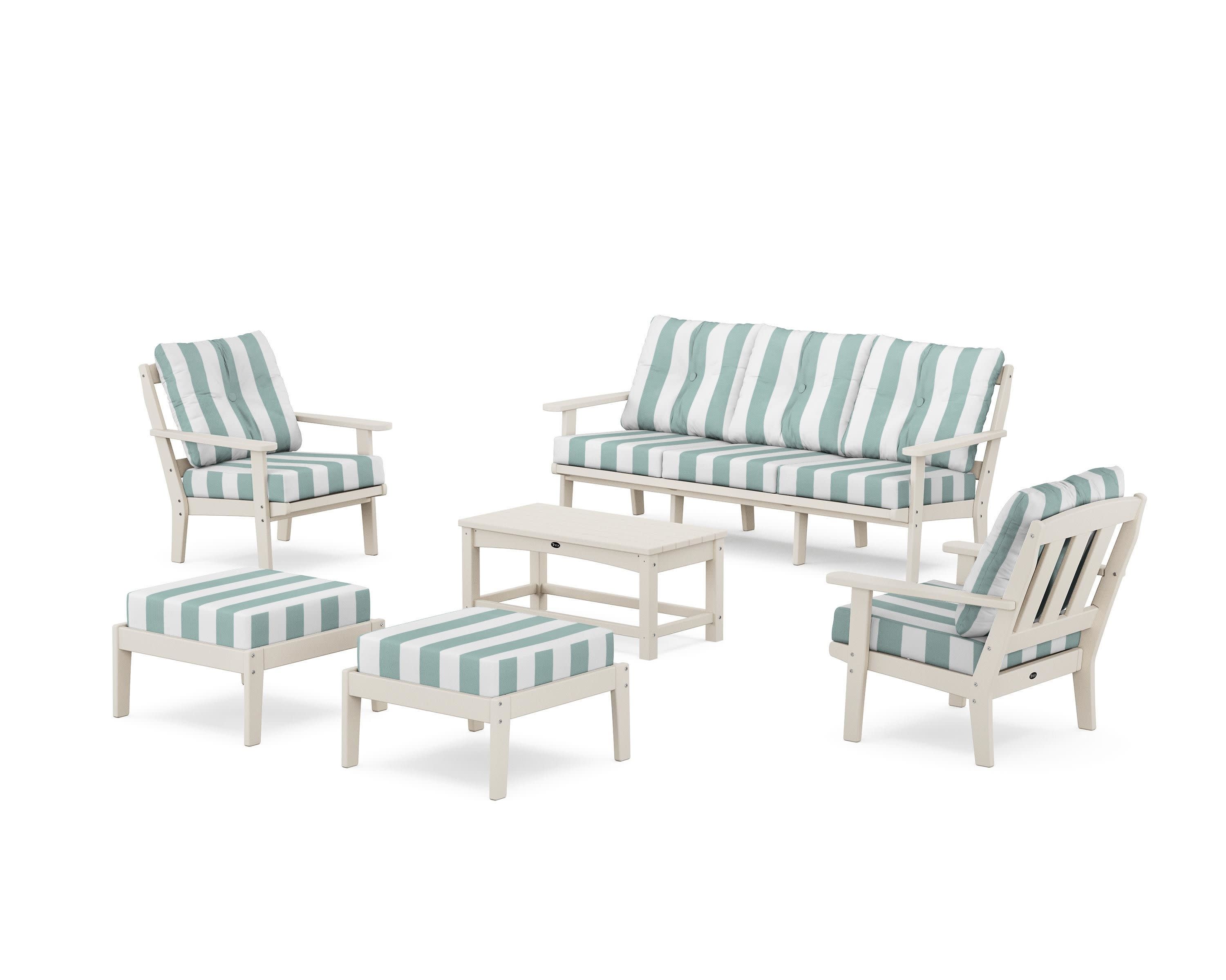 Cape Cod 6-Piece Lounge Sofa Set in Sand Castle / Cabana Stripe Glacier Spa