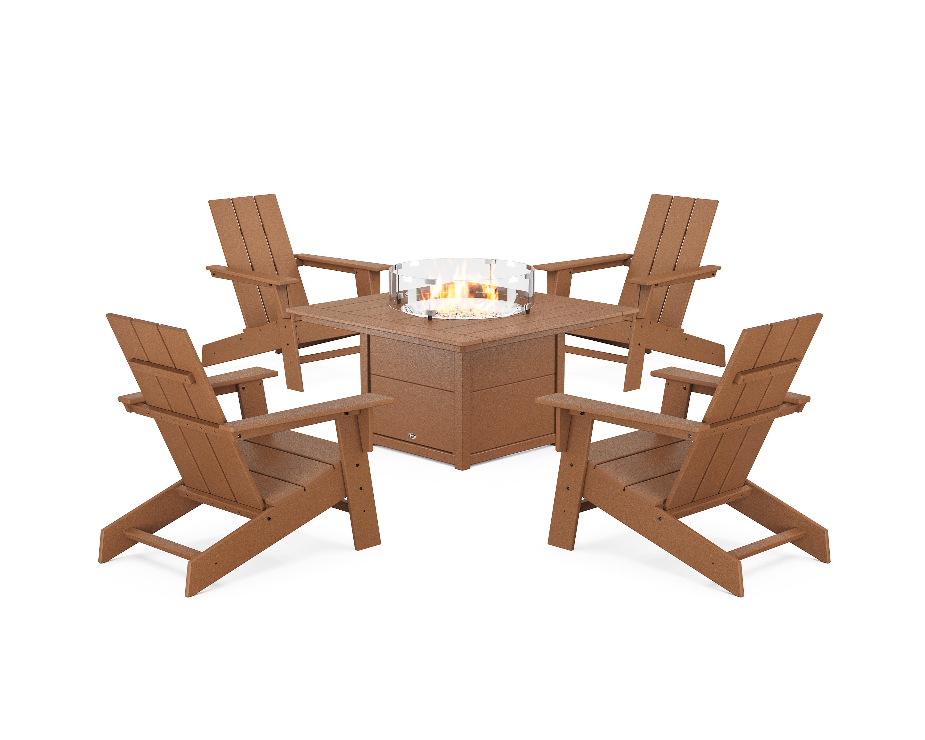 Eastport Modern Adirondack 5-Piece Set with Square Fire Pit Table in Tree House