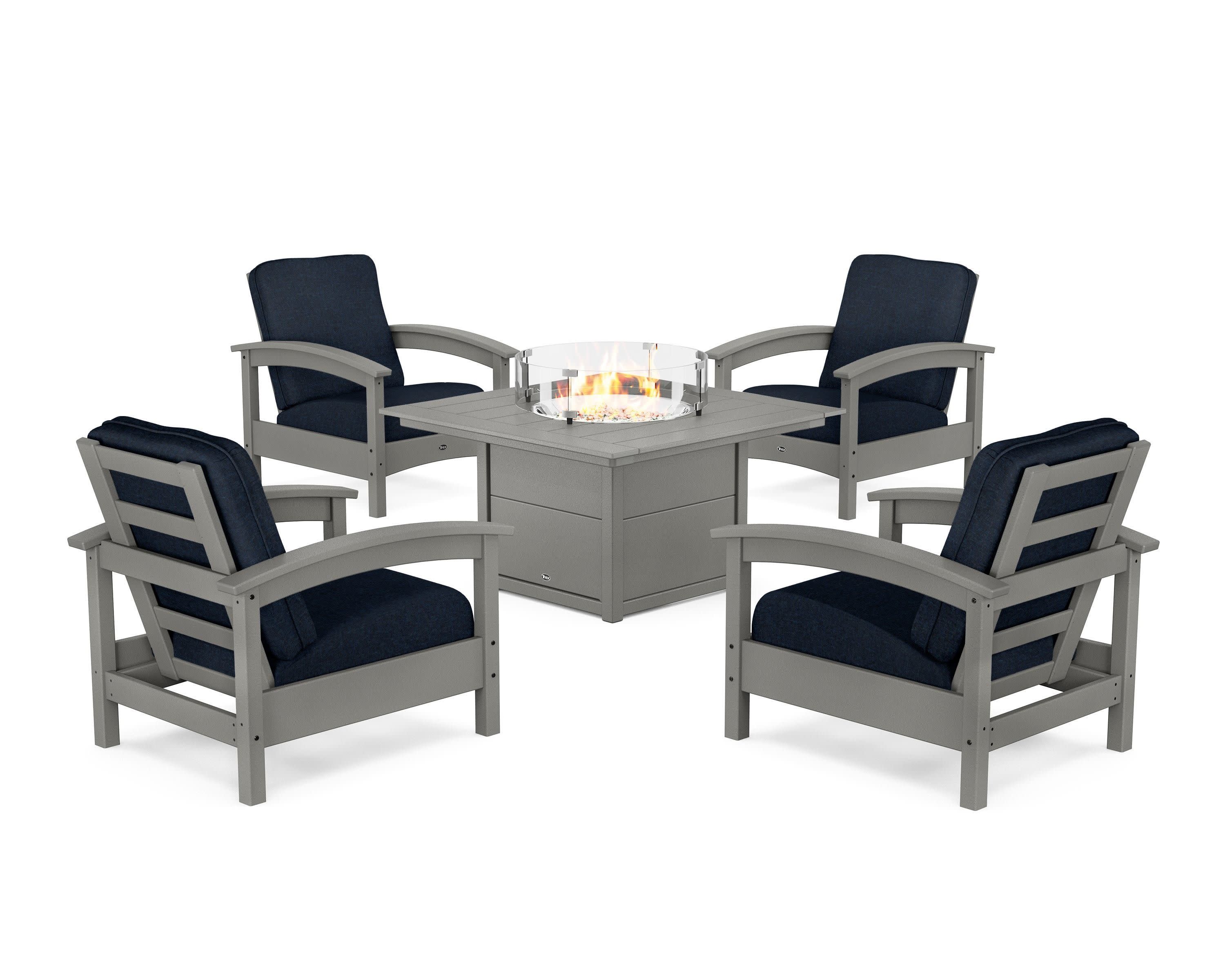 Rockport 5-Piece Deep Seating Set with Square Fire Pit Table in Stepping Stone / Marine Indigo