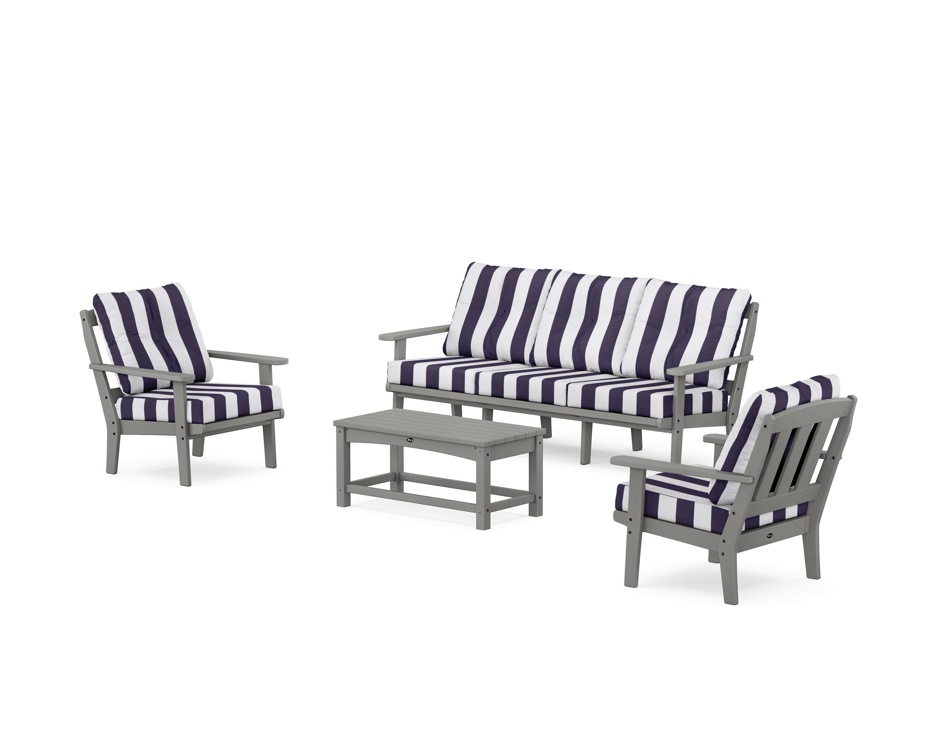 Cape Cod 4-Piece Deep Seating Set with Sofa in Stepping Stone / Cabana Stripe Navy