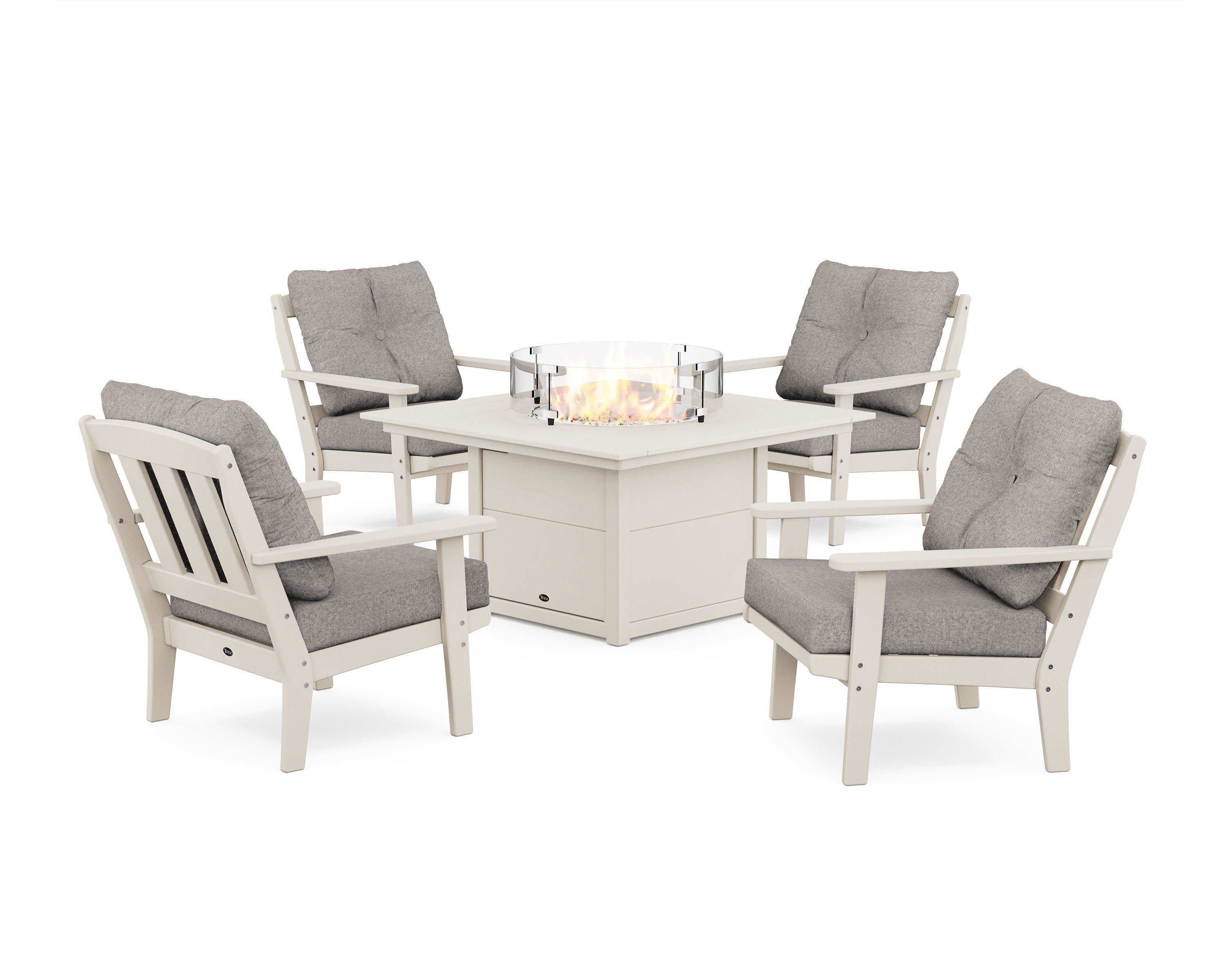 Cape Cod 5-Piece Deep Seating Set with Fire Pit Table in Sand Castle / Weathered Tweed