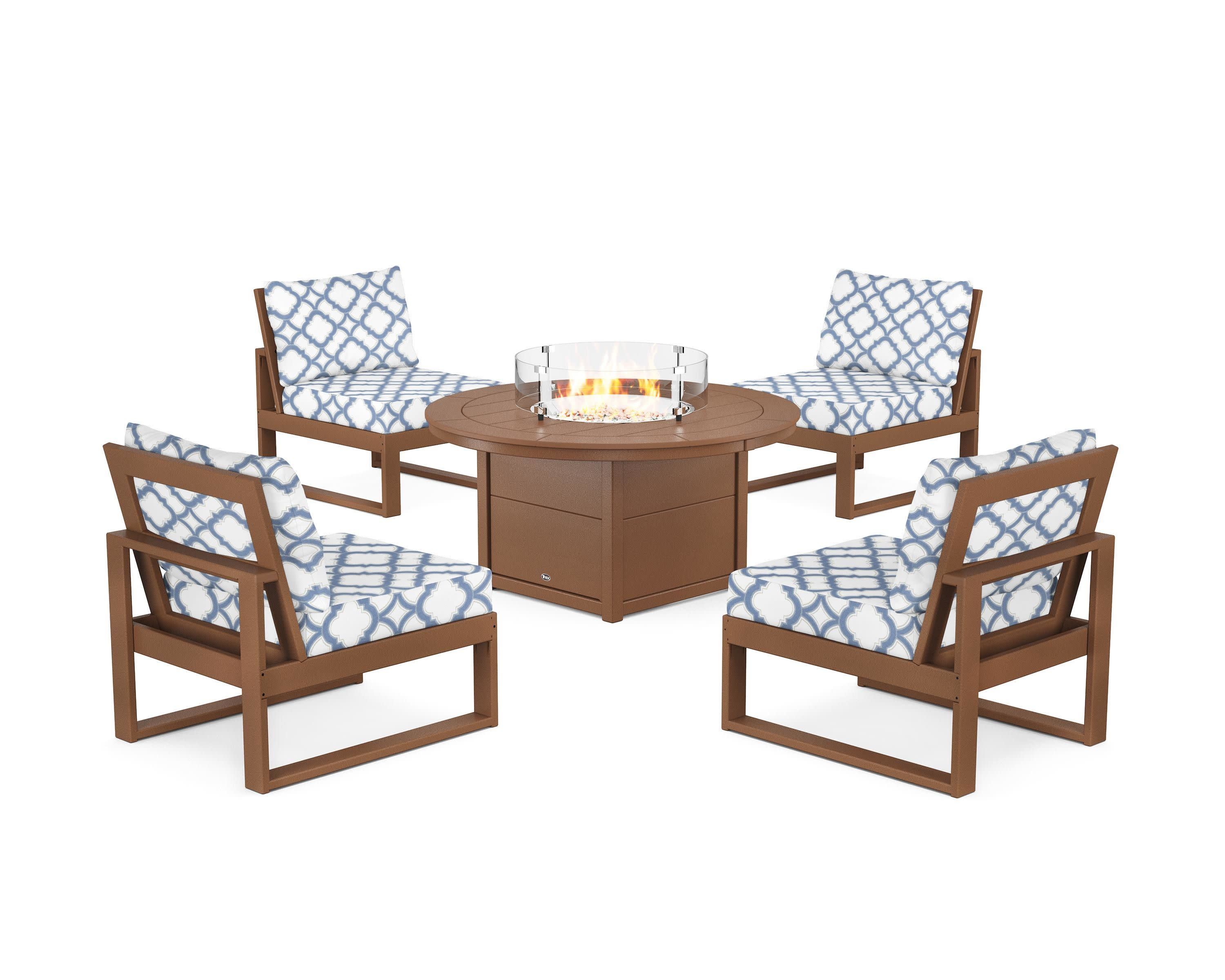 Eastport Modular 5-Piece Deep Seating Set with Round Fire Pit Table in Tree House / Trellis Sky Blue