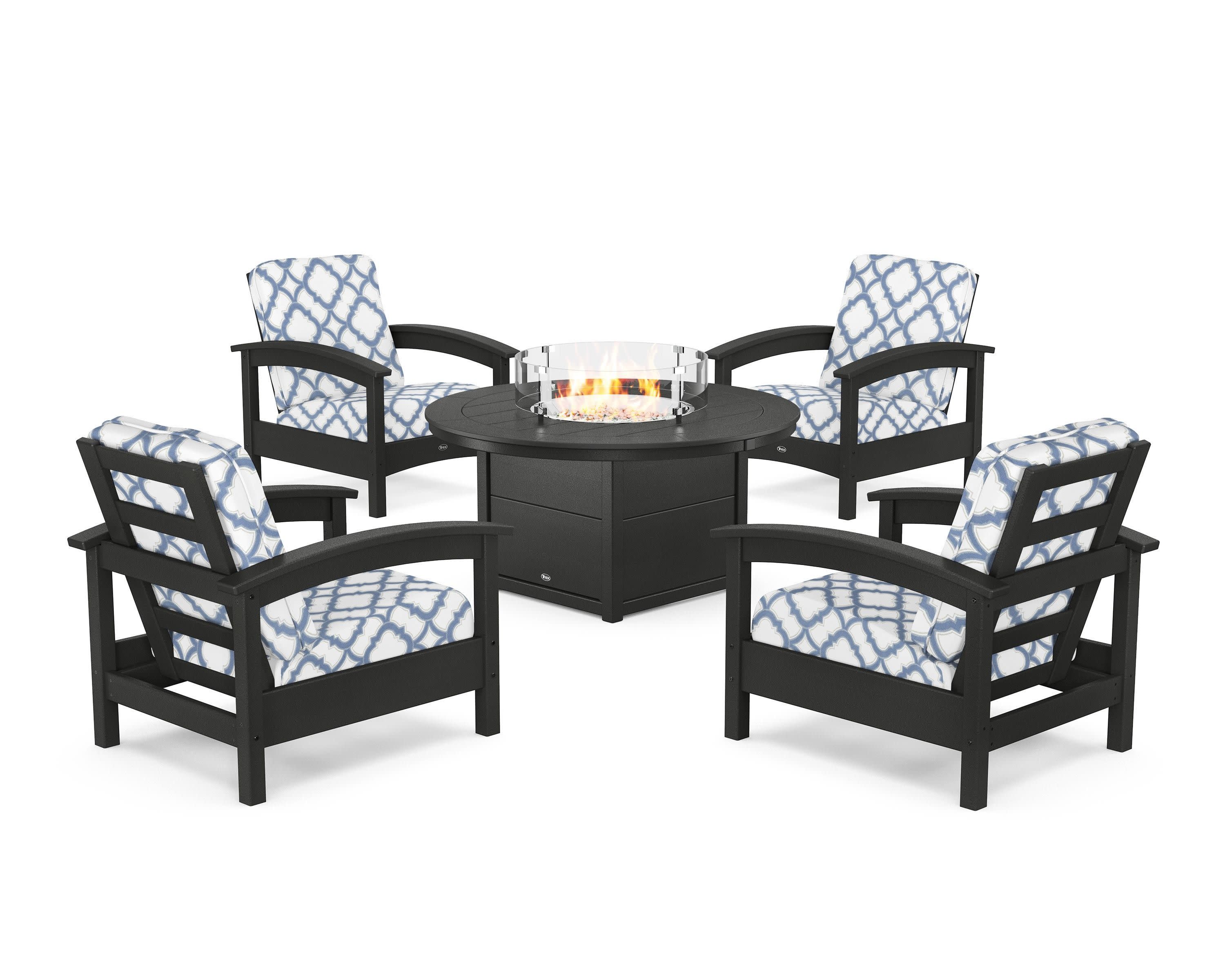 Rockport 5-Piece Deep Seating Set with Round Fire Pit Table in Charcoal Black / Trellis Sky Blue
