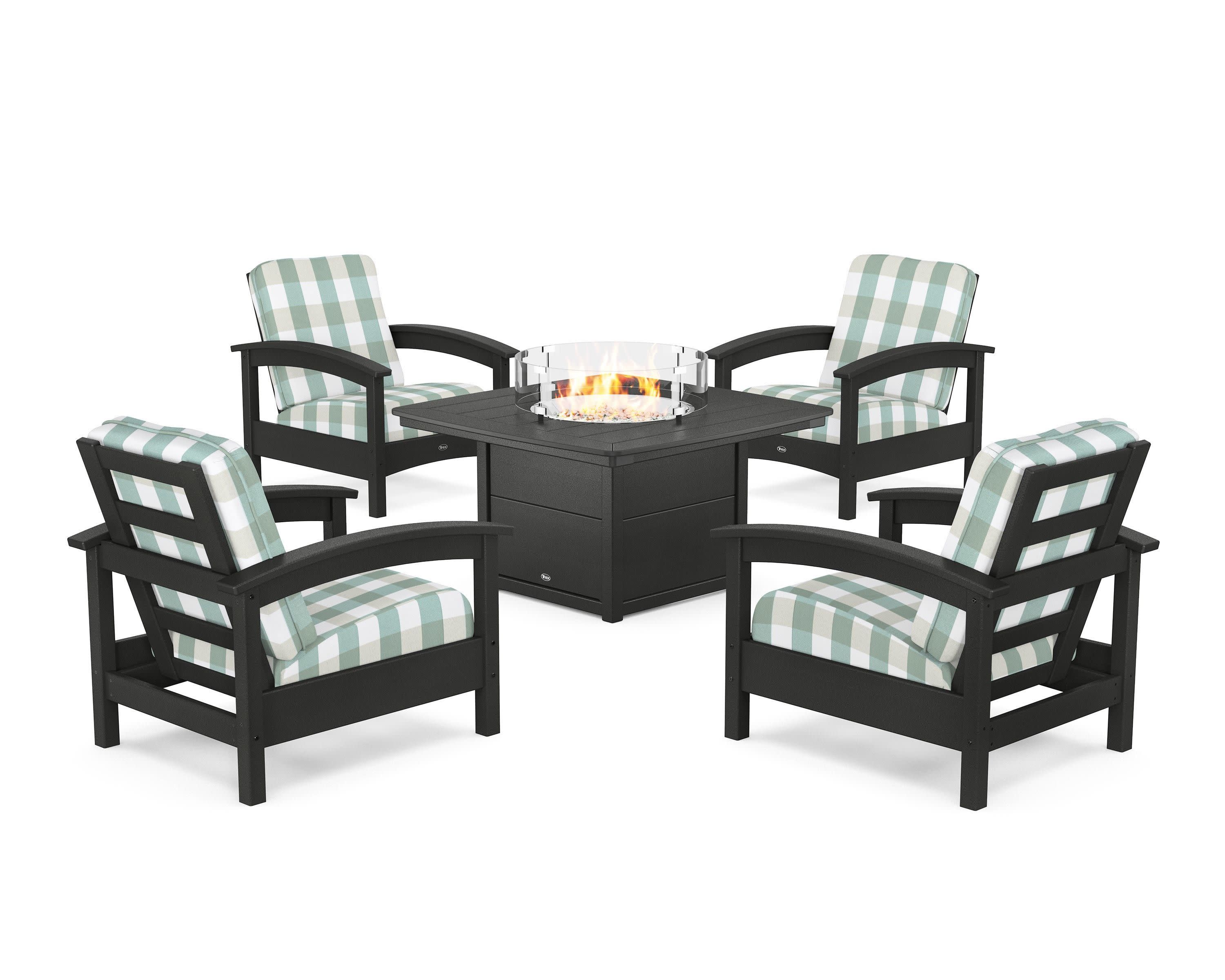 Rockport 5-Piece Deep Seating Set with Yacht Club Fire Pit Table in Charcoal Black / Buffalo Plaid Glacier Spa