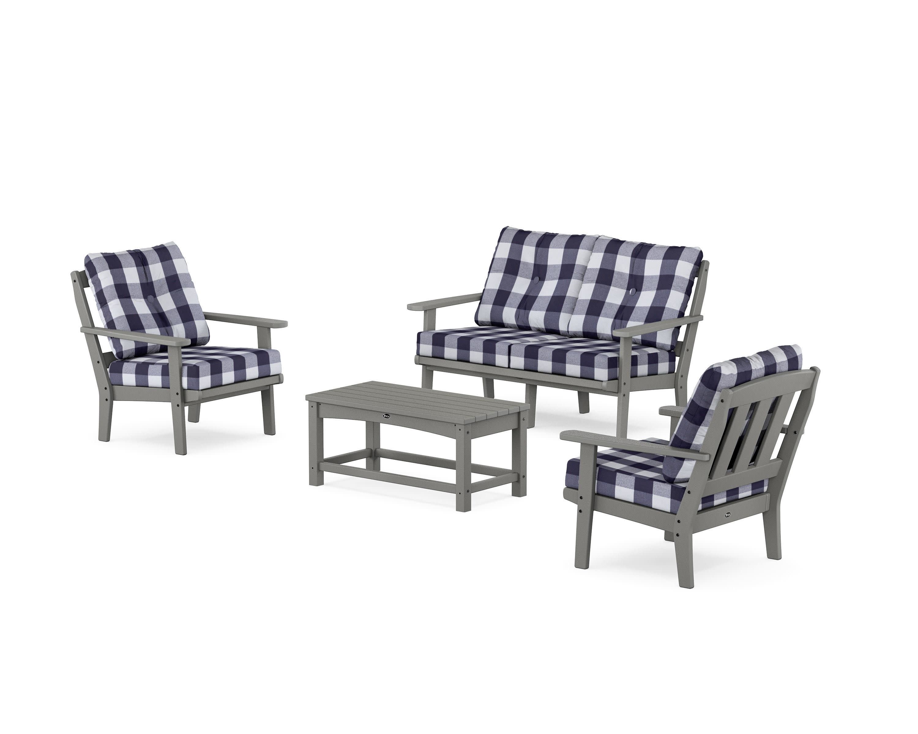 Cape Cod 4-Piece Deep Seating Set with Loveseat in Stepping Stone / Buffalo Plaid Navy
