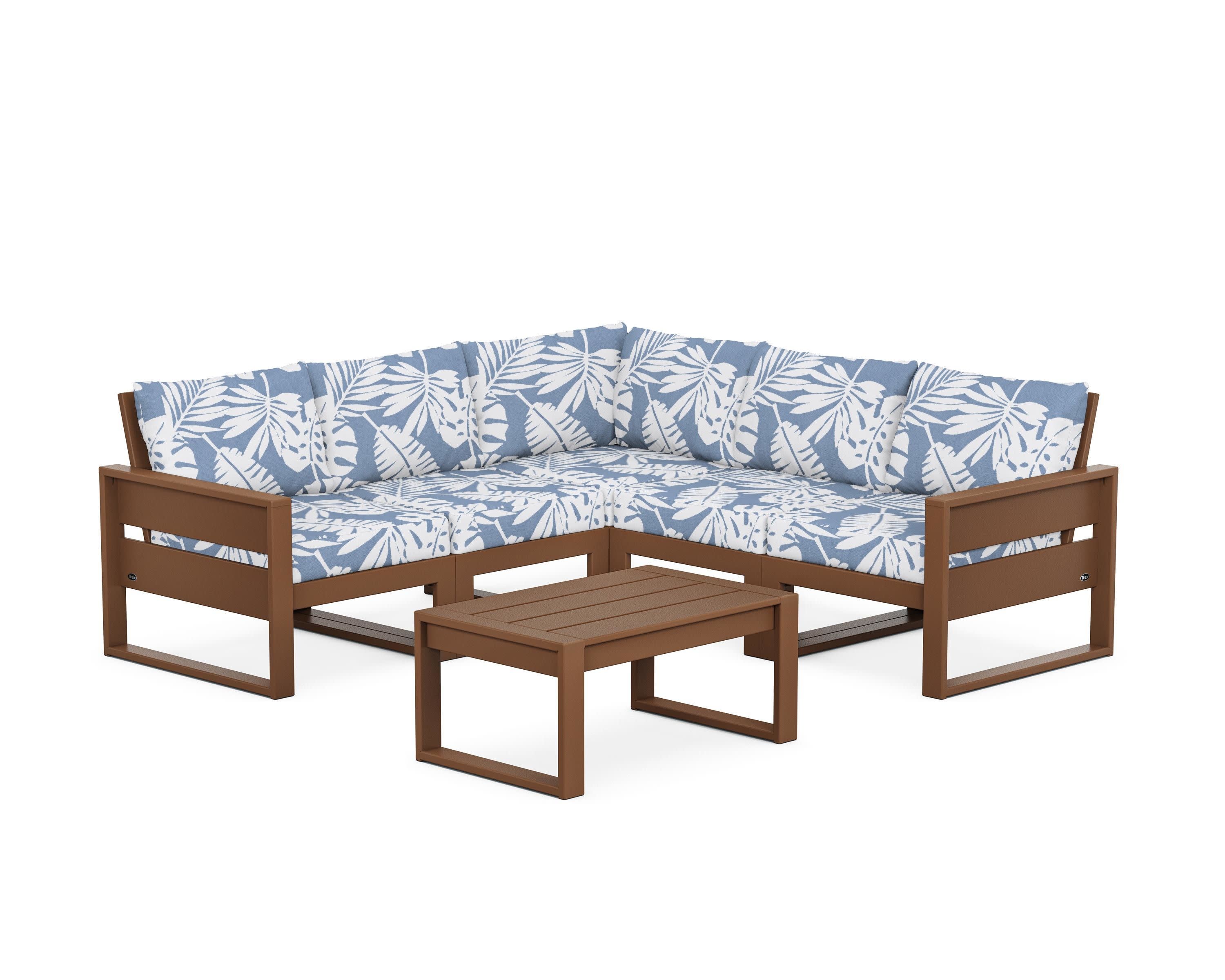 Eastport 6-Piece Deep Seating Sectional + Coffee Table Set in Tree House / Leaf Sky Blue