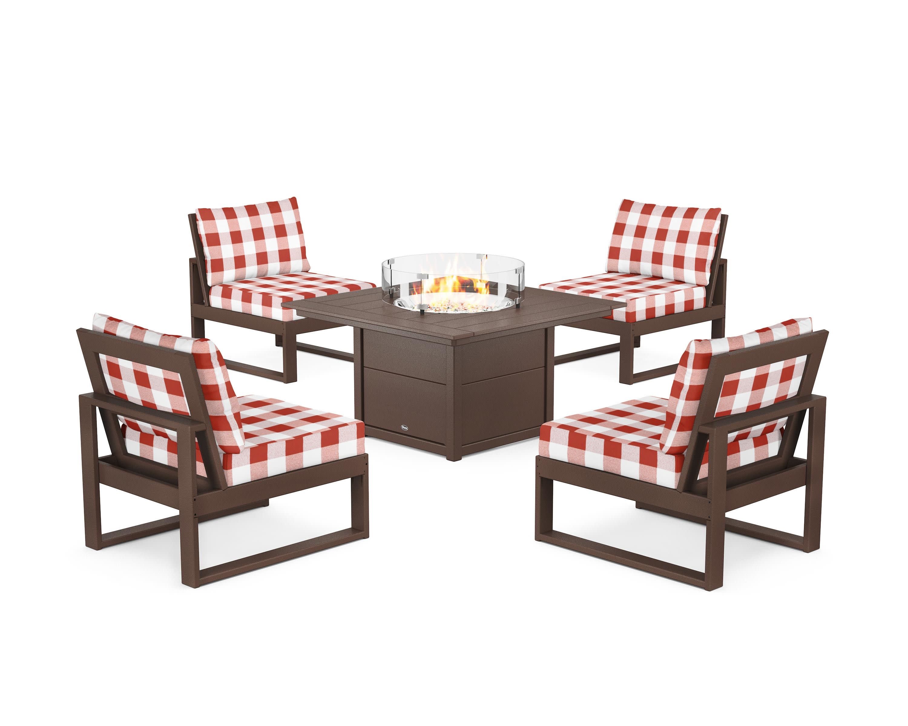 Eastport Modular 5-Piece Deep Seating Set with Square Fire Pit Table in Vintage Lantern / Buffalo Plaid Crimson