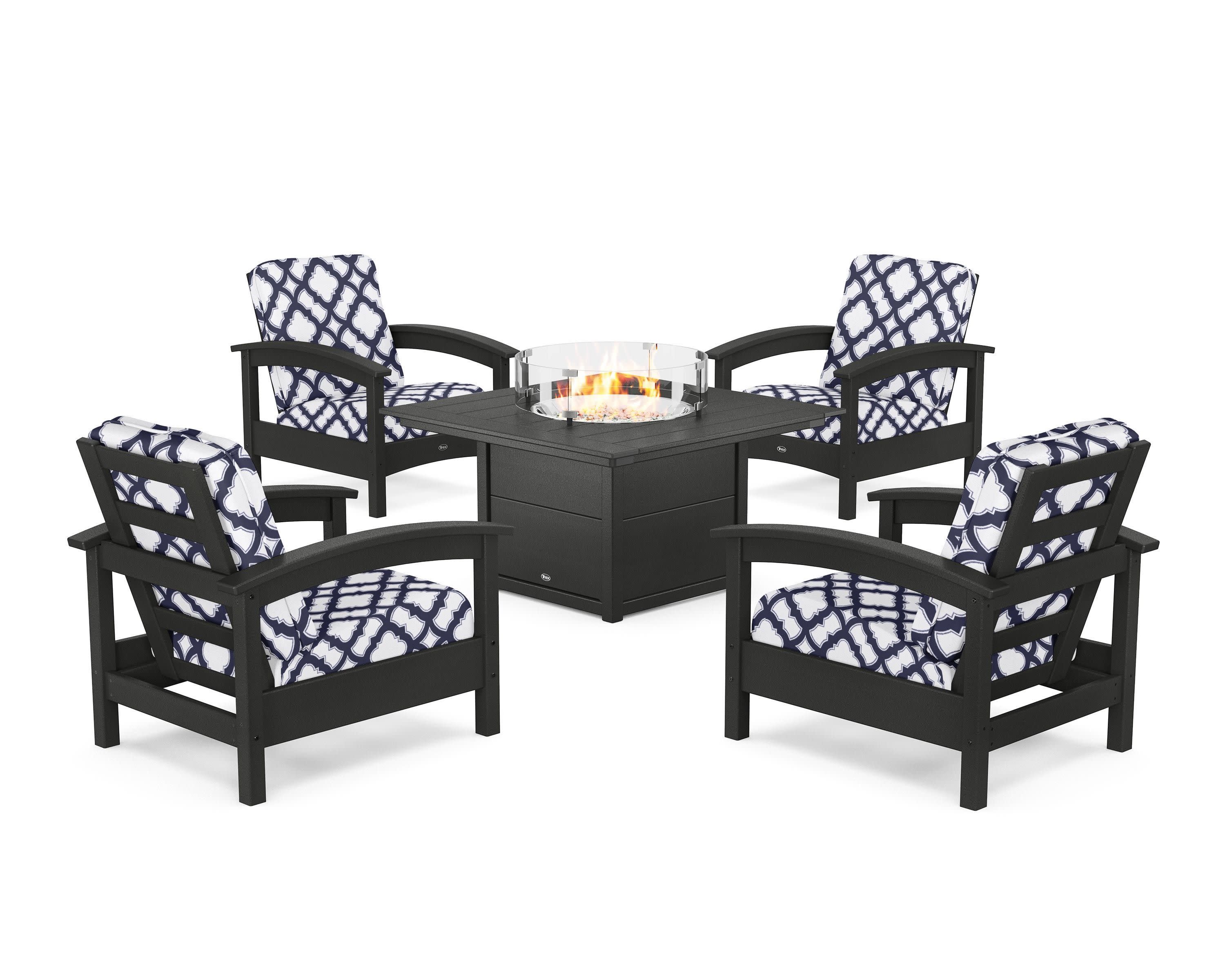 Rockport 5-Piece Deep Seating Set with Square Fire Pit Table in Charcoal Black / Trellis Navy