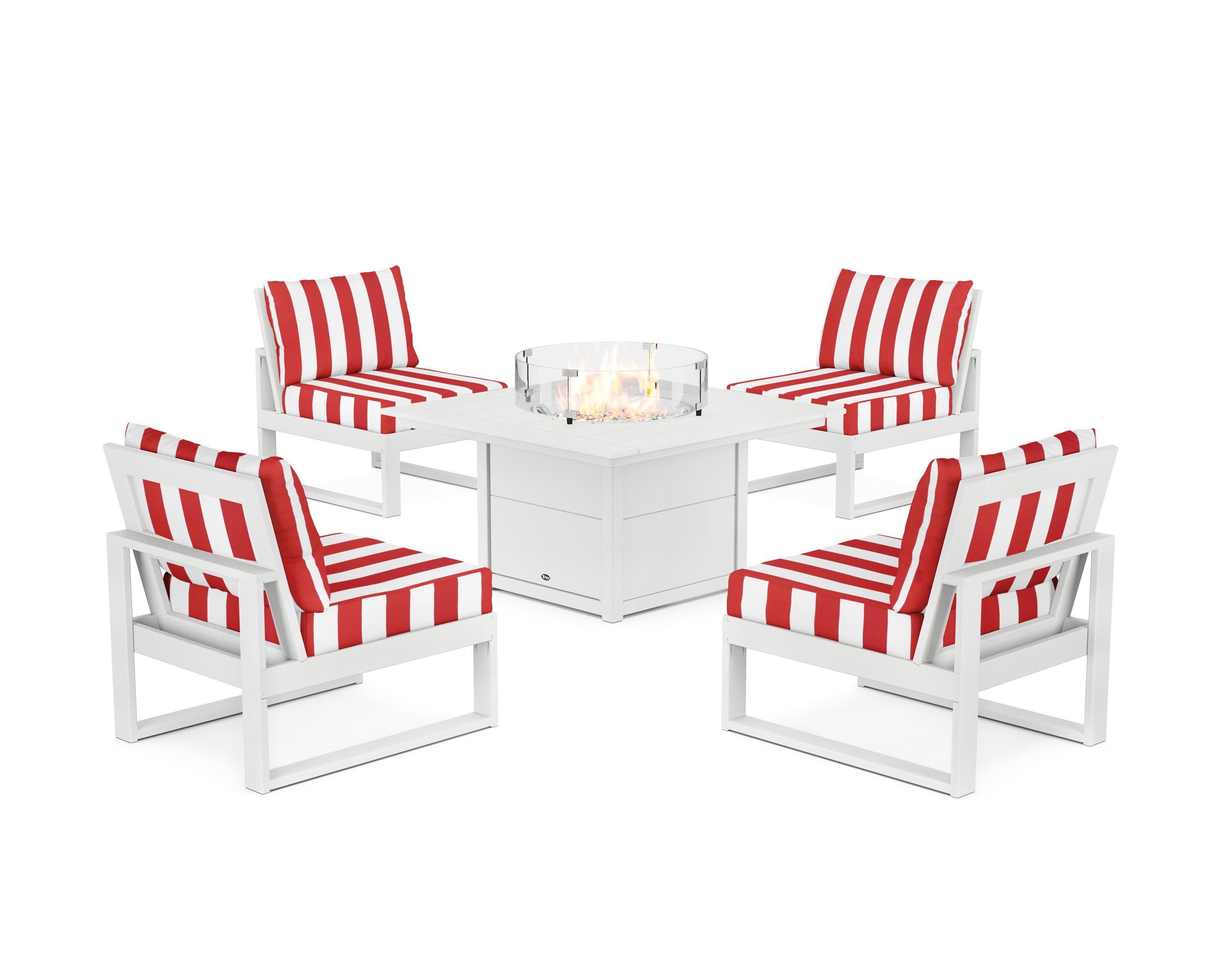 Eastport Modular 5-Piece Deep Seating Set with Square Fire Pit Table in Classic White / Cabana Stripe Crimson