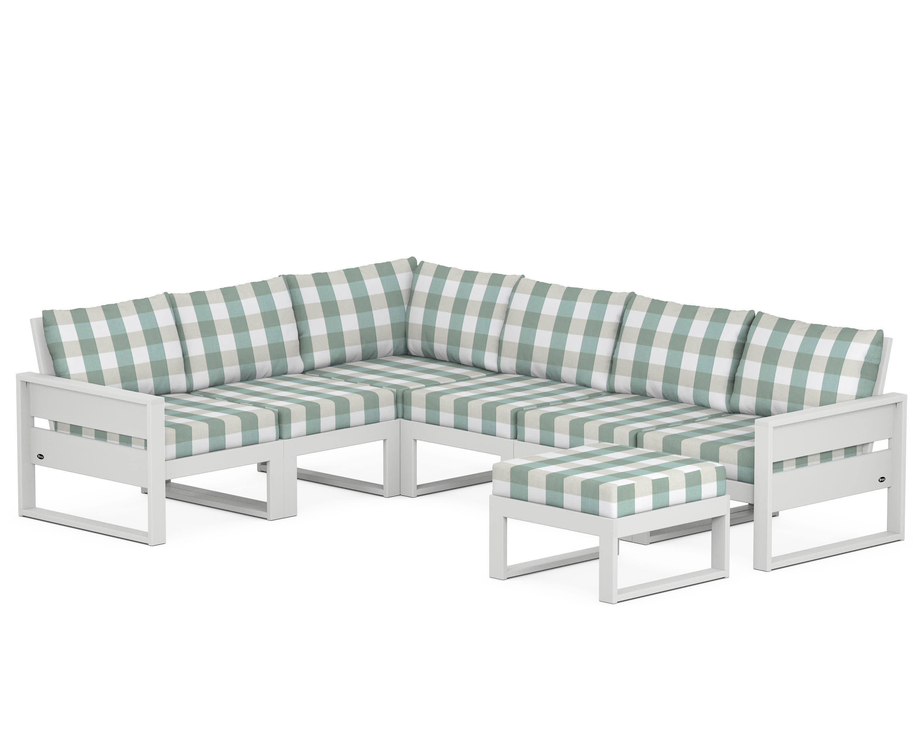 Eastport 6-Piece Sectional with Ottoman in Classic White / Buffalo Plaid Glacier Spa