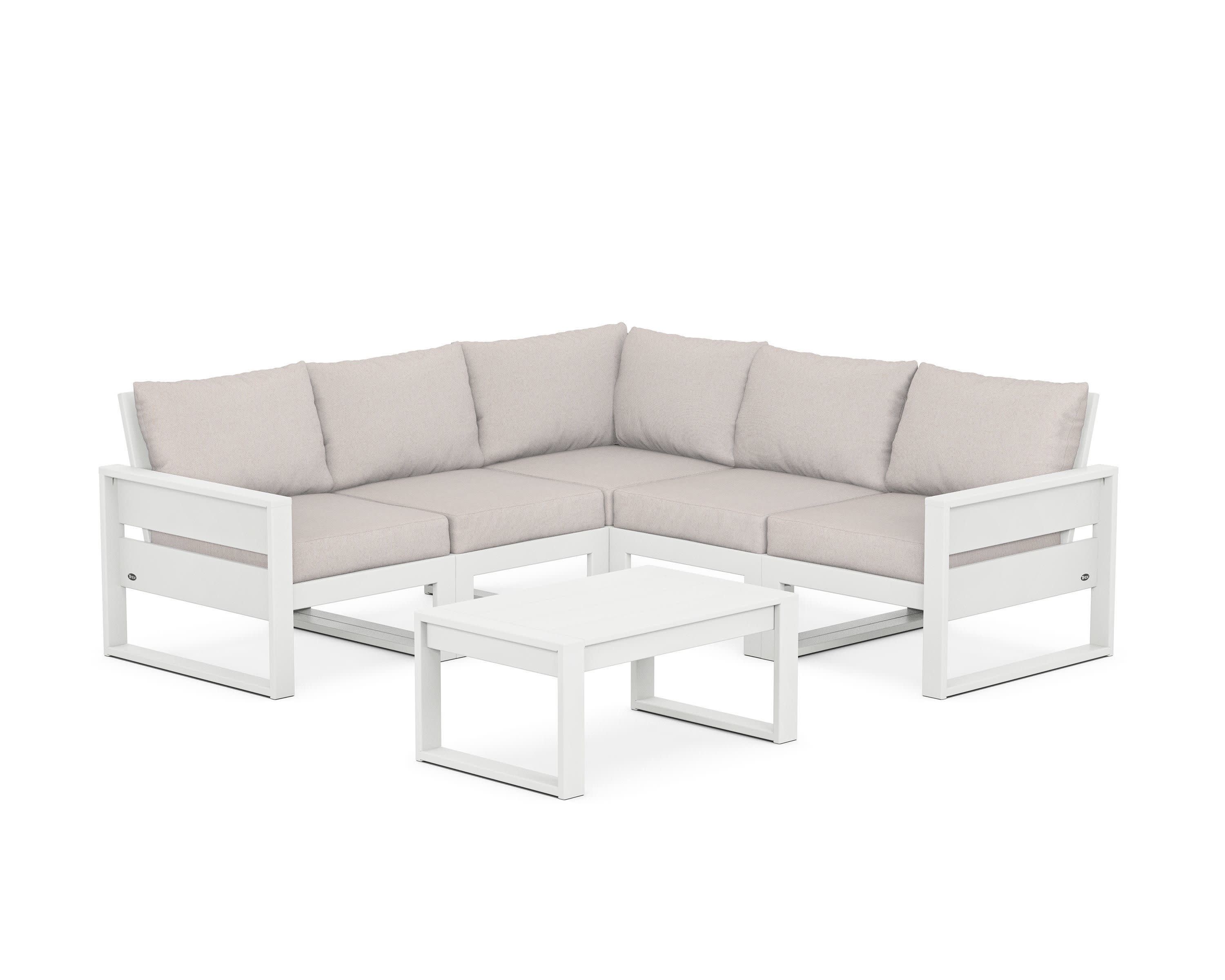Eastport 6-Piece Deep Seating Sectional + Coffee Table Set in Classic White / Dune Burlap
