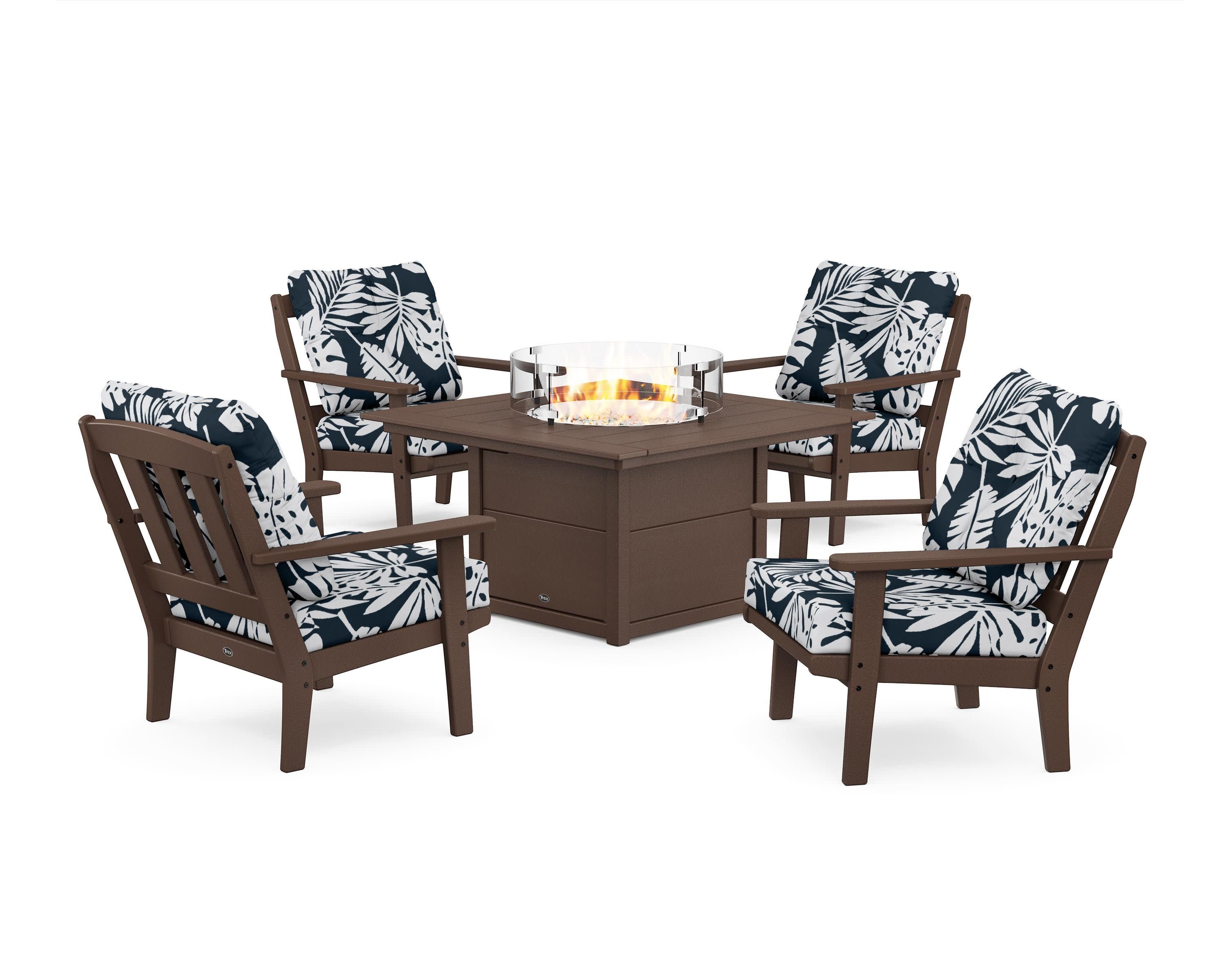 Cape Cod 5-Piece Deep Seating Set with Fire Pit Table in Vintage Lantern / Leaf Marine Indigo