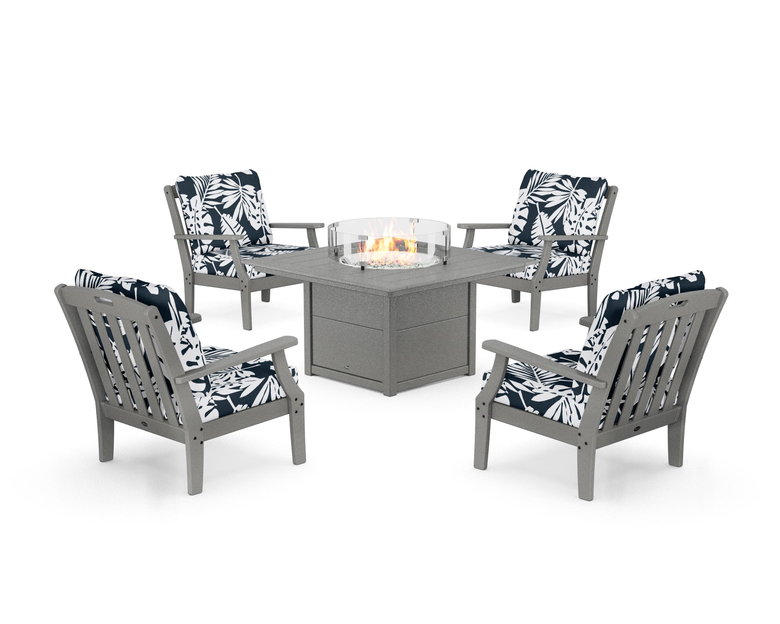 Yacht Club 5-Piece Deep Seating Set with Square Fire Pit Table in Stepping Stone / Leaf Marine Indigo