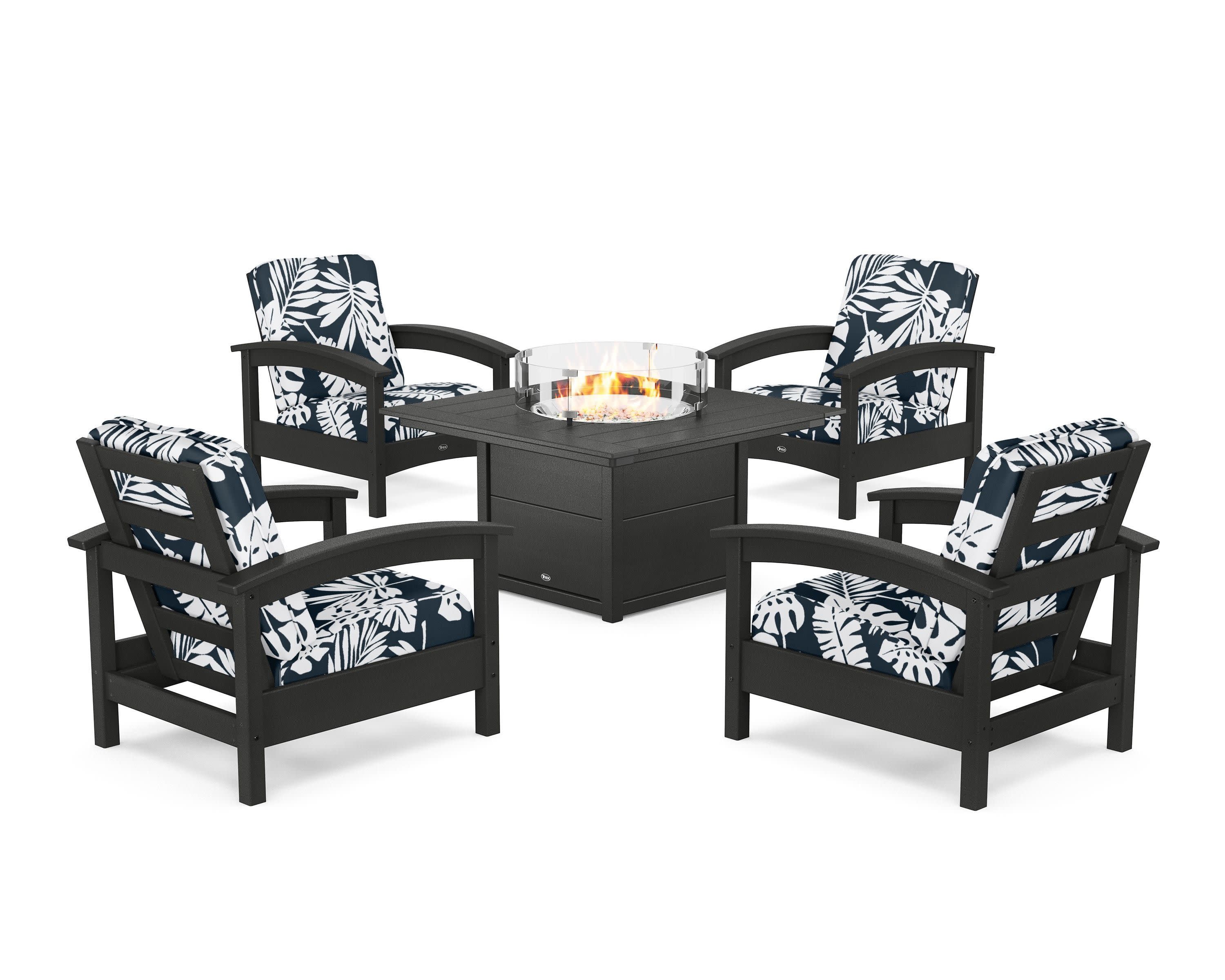 Rockport 5-Piece Deep Seating Set with Square Fire Pit Table in Charcoal Black / Leaf Marine Indigo