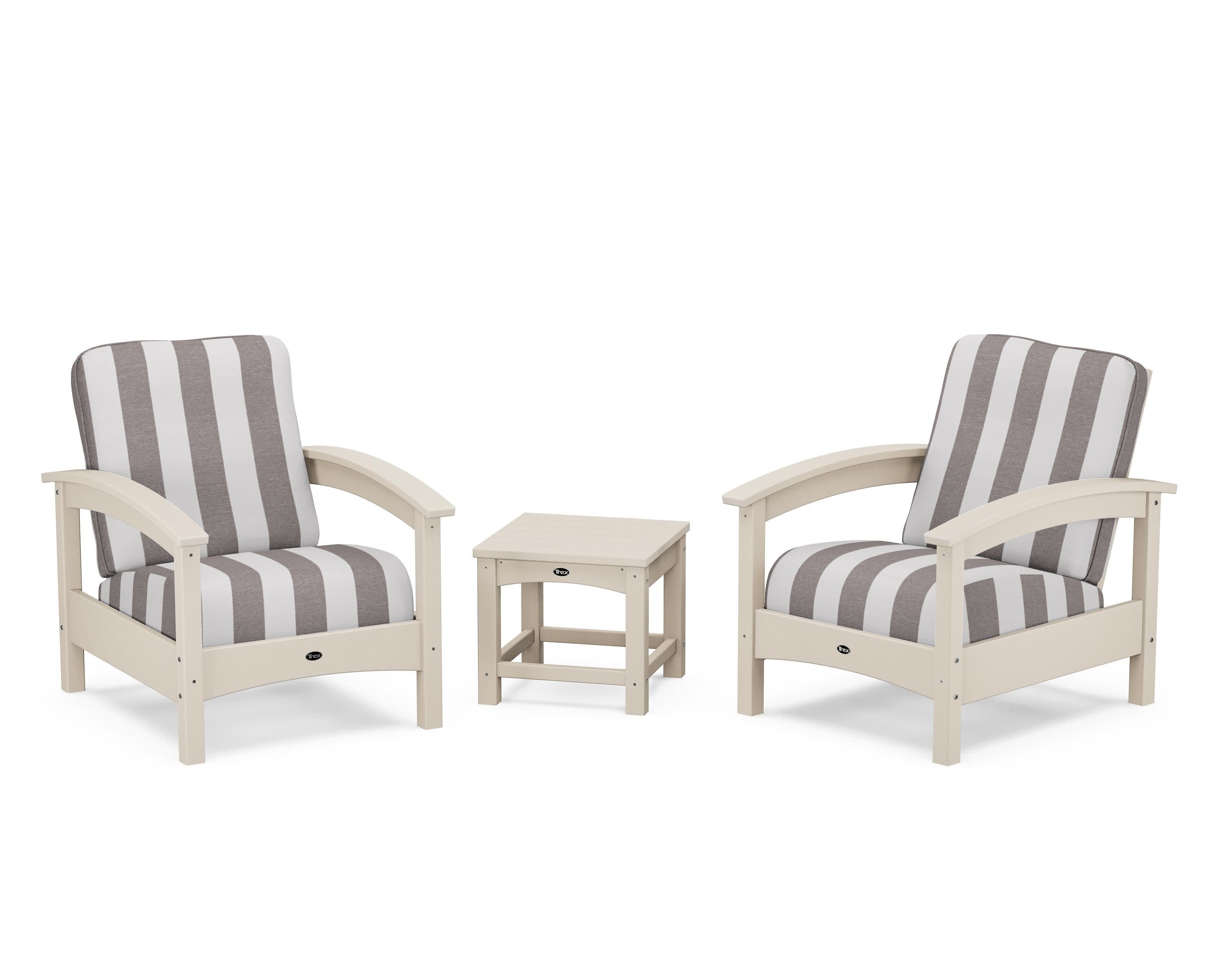 Rockport Club 3-Piece Deep Seating Conversation Set in Sand Castle / Cabana Stripe Grey Mist