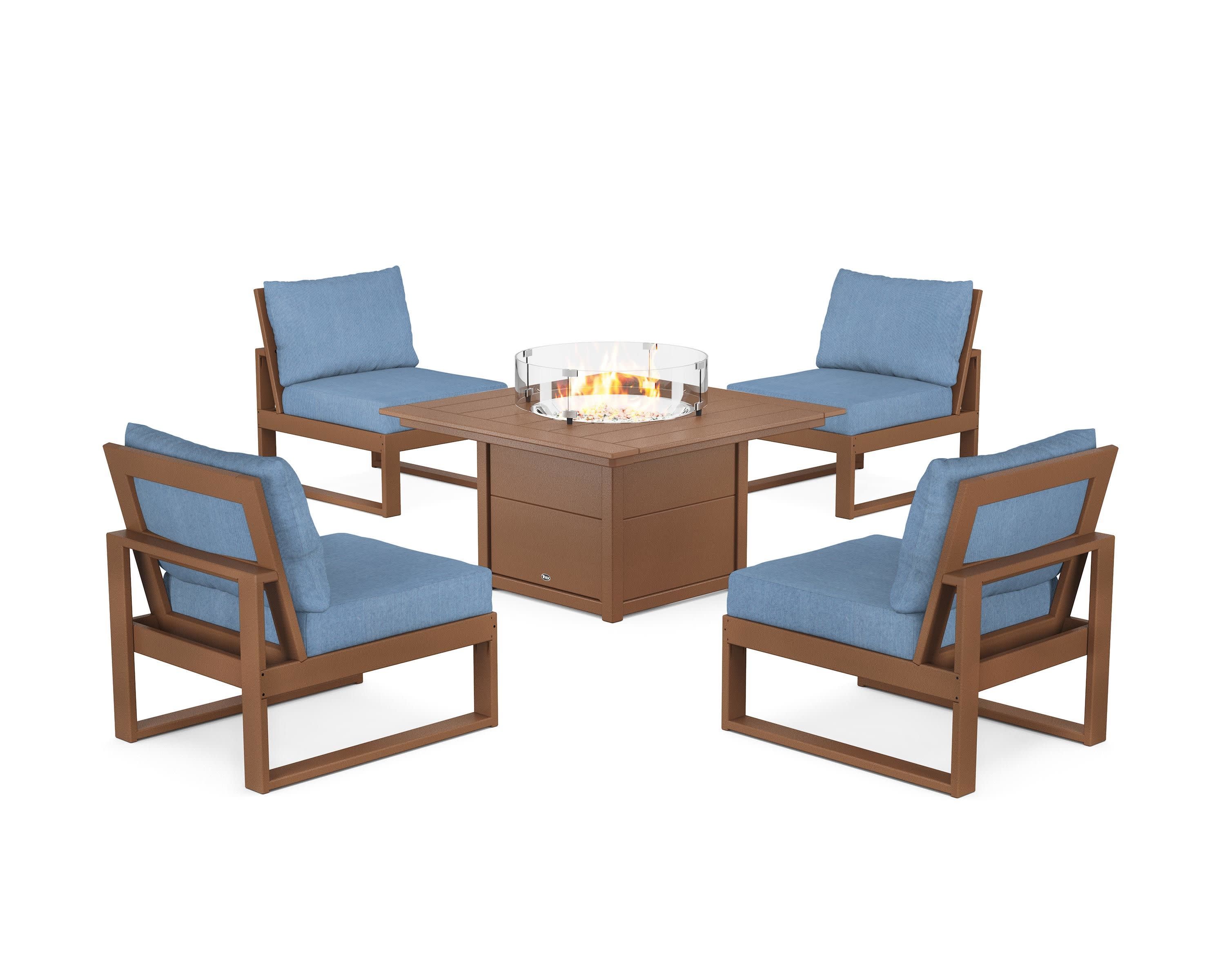 Eastport Modular 5-Piece Deep Seating Set with Square Fire Pit Table in Tree House / Sky Blue