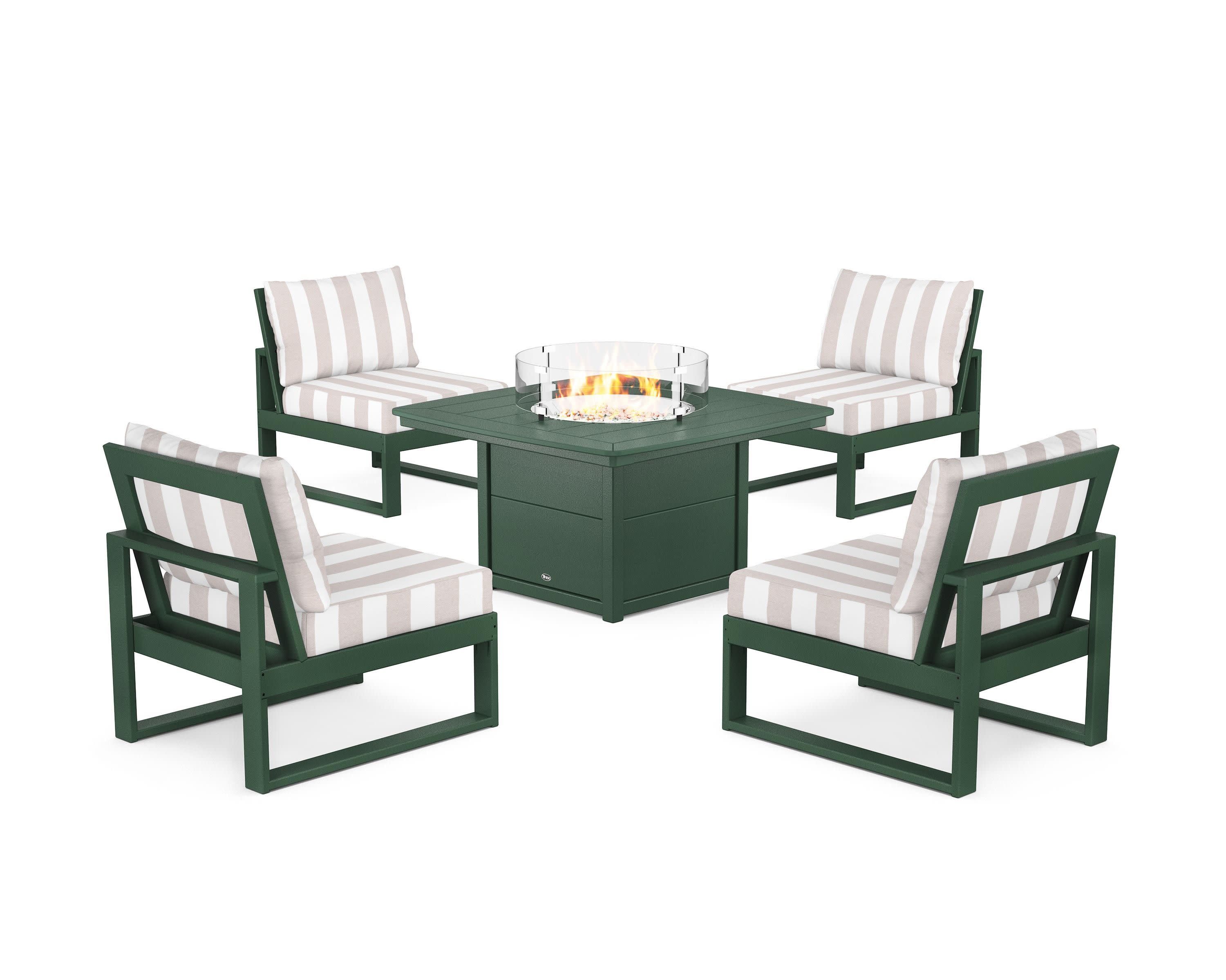 Eastport Modular 5-Piece Deep Seating Set with Yacht Club Fire Pit Table in Rainforest Canopy / Cabana Stripe Dune Burlap