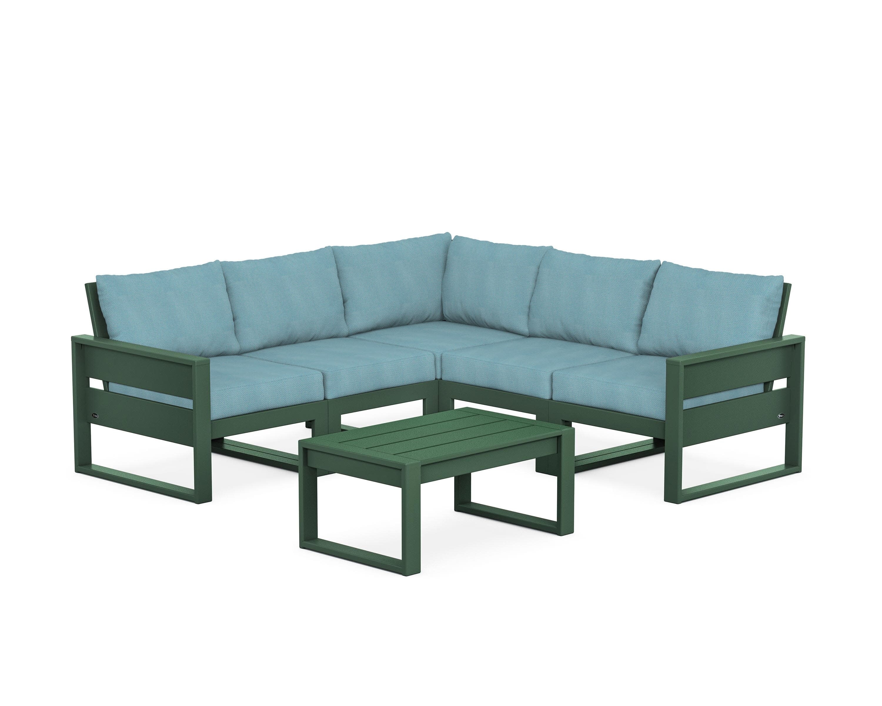 Eastport 6-Piece Deep Seating Sectional + Coffee Table Set in Rainforest Canopy / Lattice Sky Blue