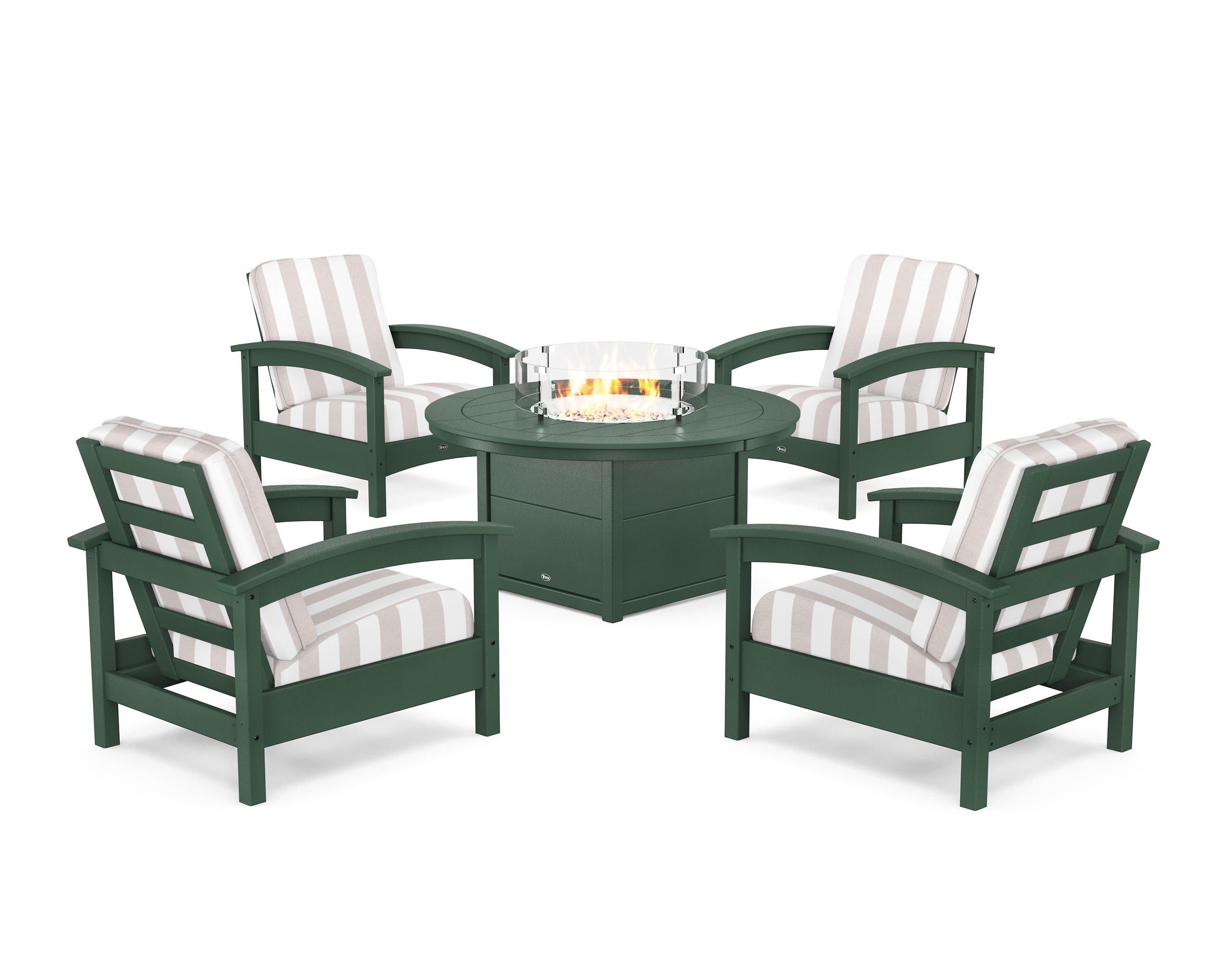 Rockport 5-Piece Deep Seating Set with Round Fire Pit Table in Rainforest Canopy / Cabana Stripe Dune Burlap