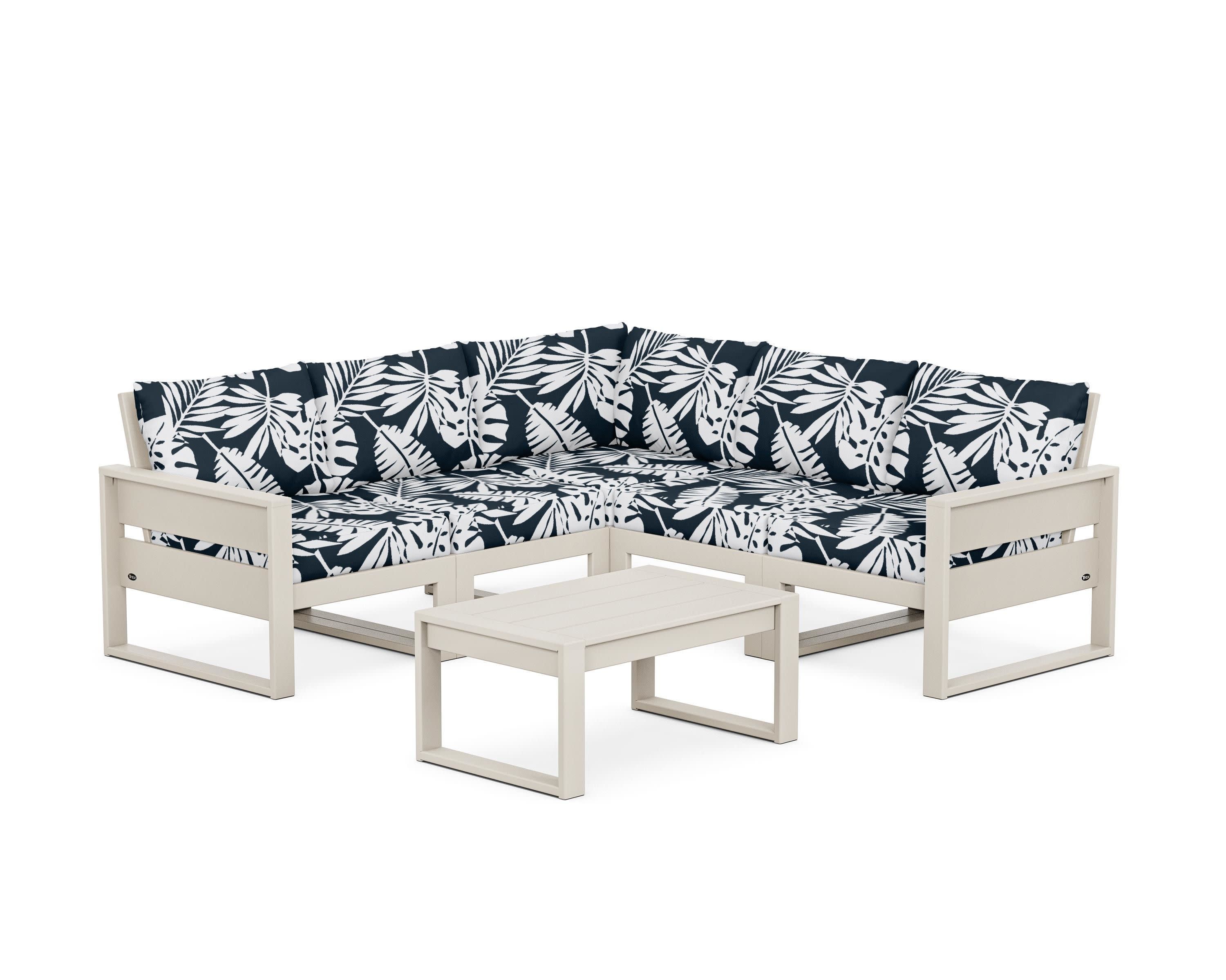 Eastport 6-Piece Deep Seating Sectional + Coffee Table Set in Sand Castle / Leaf Marine Indigo