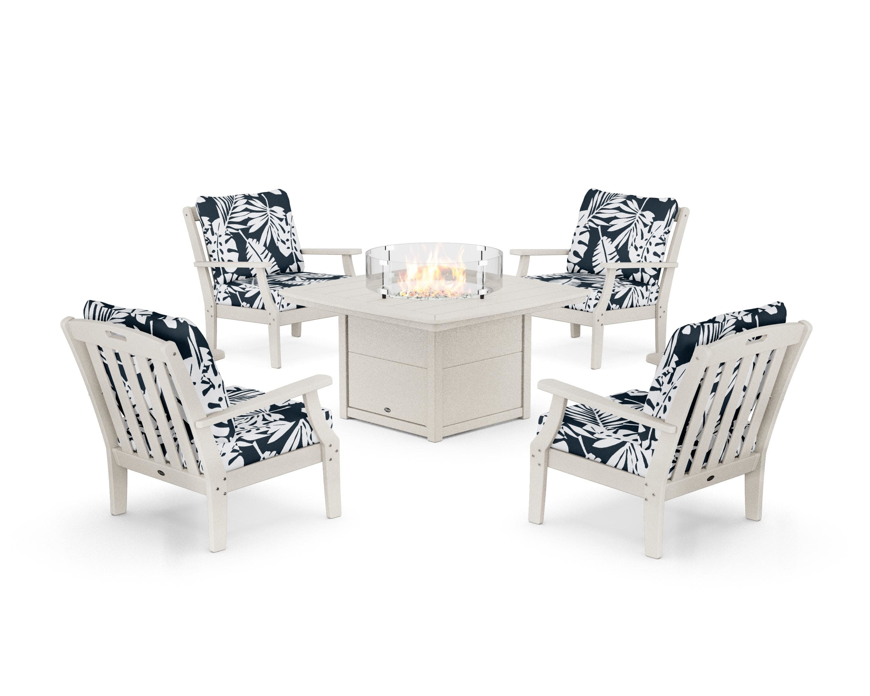 Yacht Club 5-Piece Deep Seating Set with Fire Pit Table in Sand Castle / Leaf Marine Indigo