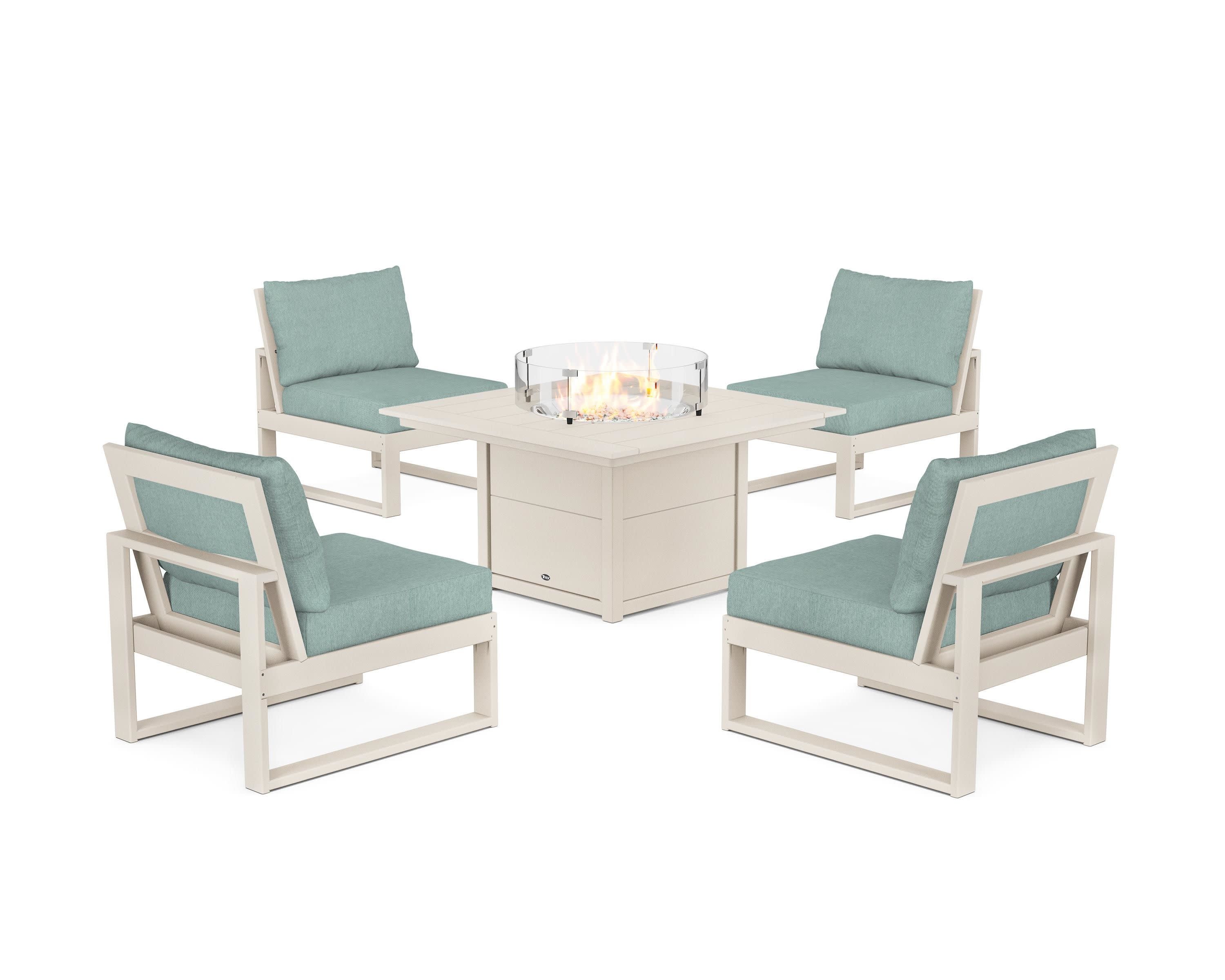 Eastport Modular 5-Piece Deep Seating Set with Square Fire Pit Table in Sand Castle / Glacier Spa