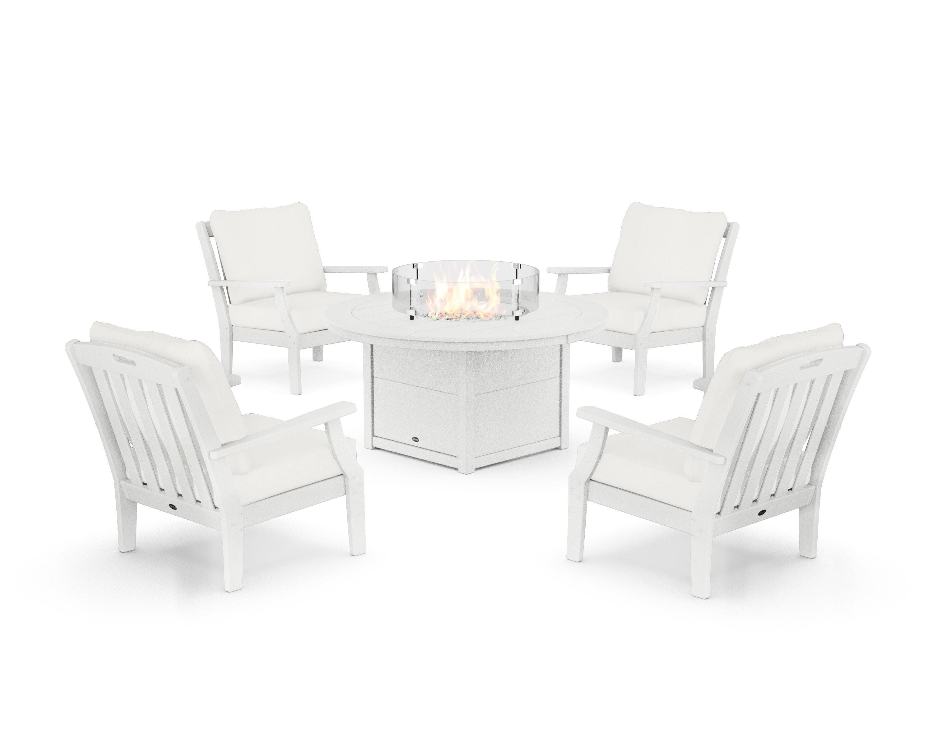 Yacht Club 5-Piece Deep Seating Set with Round Fire Pit Table in Classic White / Natural Linen