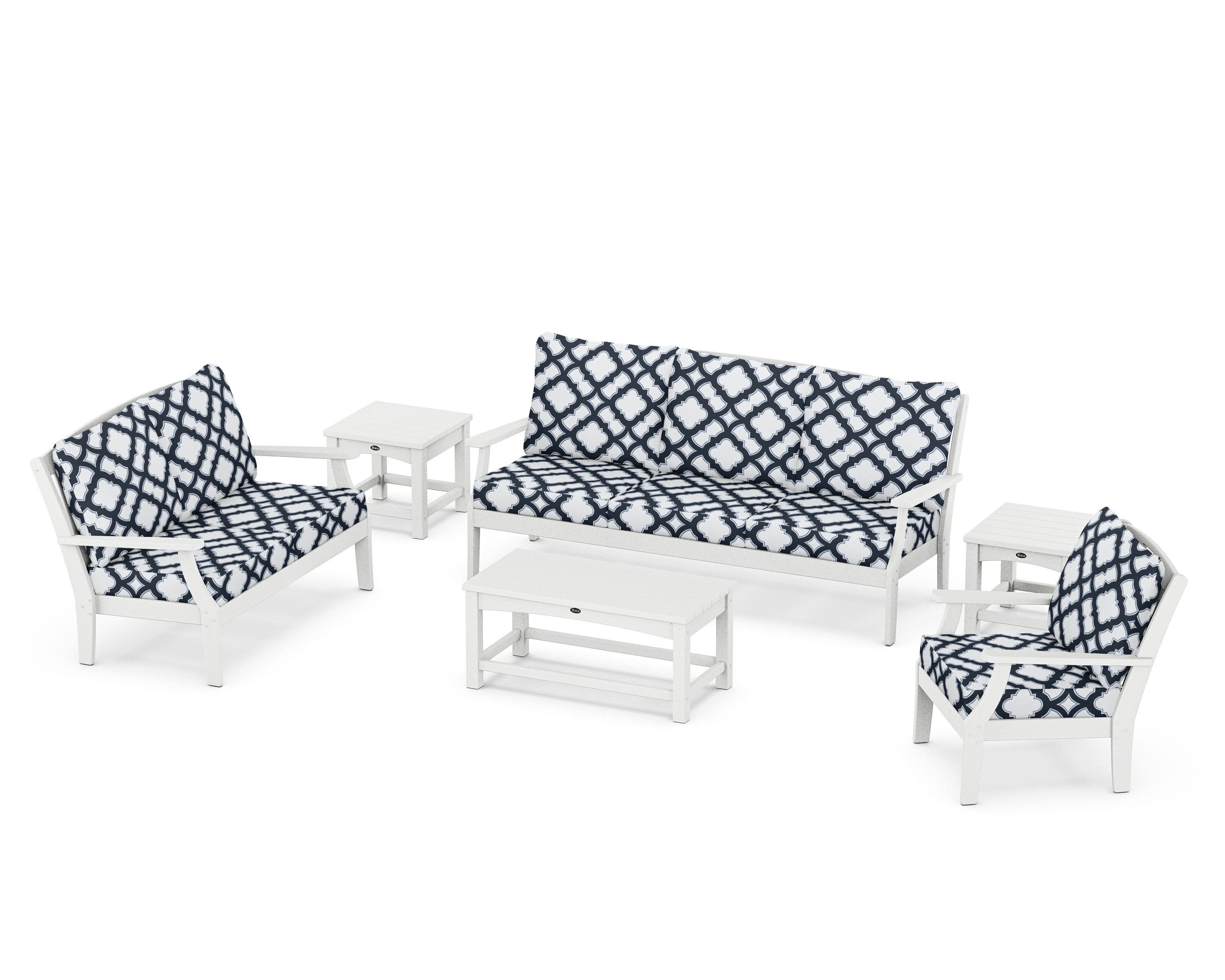 Yacht Club 6-Piece Deep Seating Set in Classic White / Trellis Marine Indigo