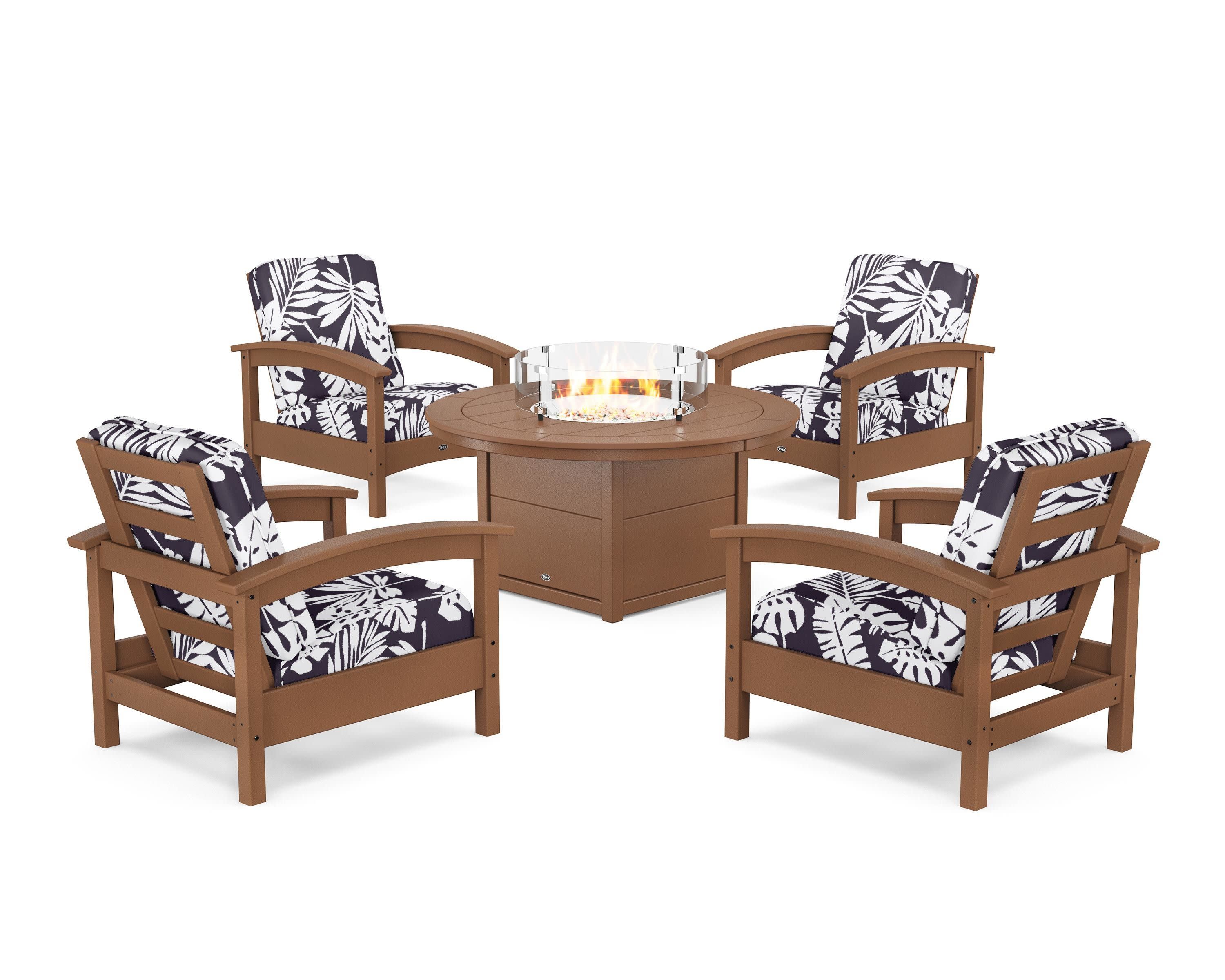 Rockport 5-Piece Deep Seating Set with Round Fire Pit Table in Tree House / Leaf Navy