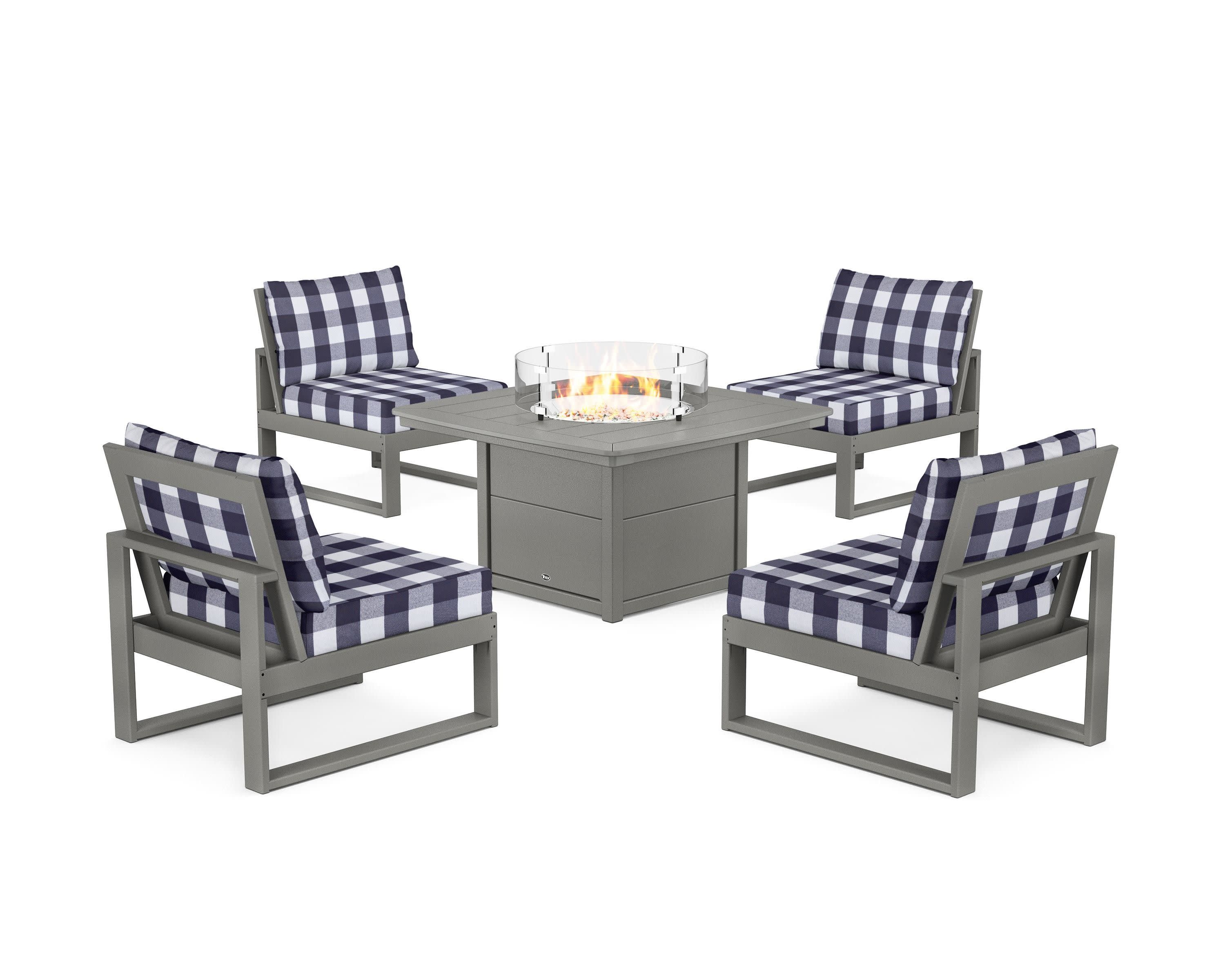 Eastport Modular 5-Piece Deep Seating Set with Yacht Club Fire Pit Table in Stepping Stone / Buffalo Plaid Navy