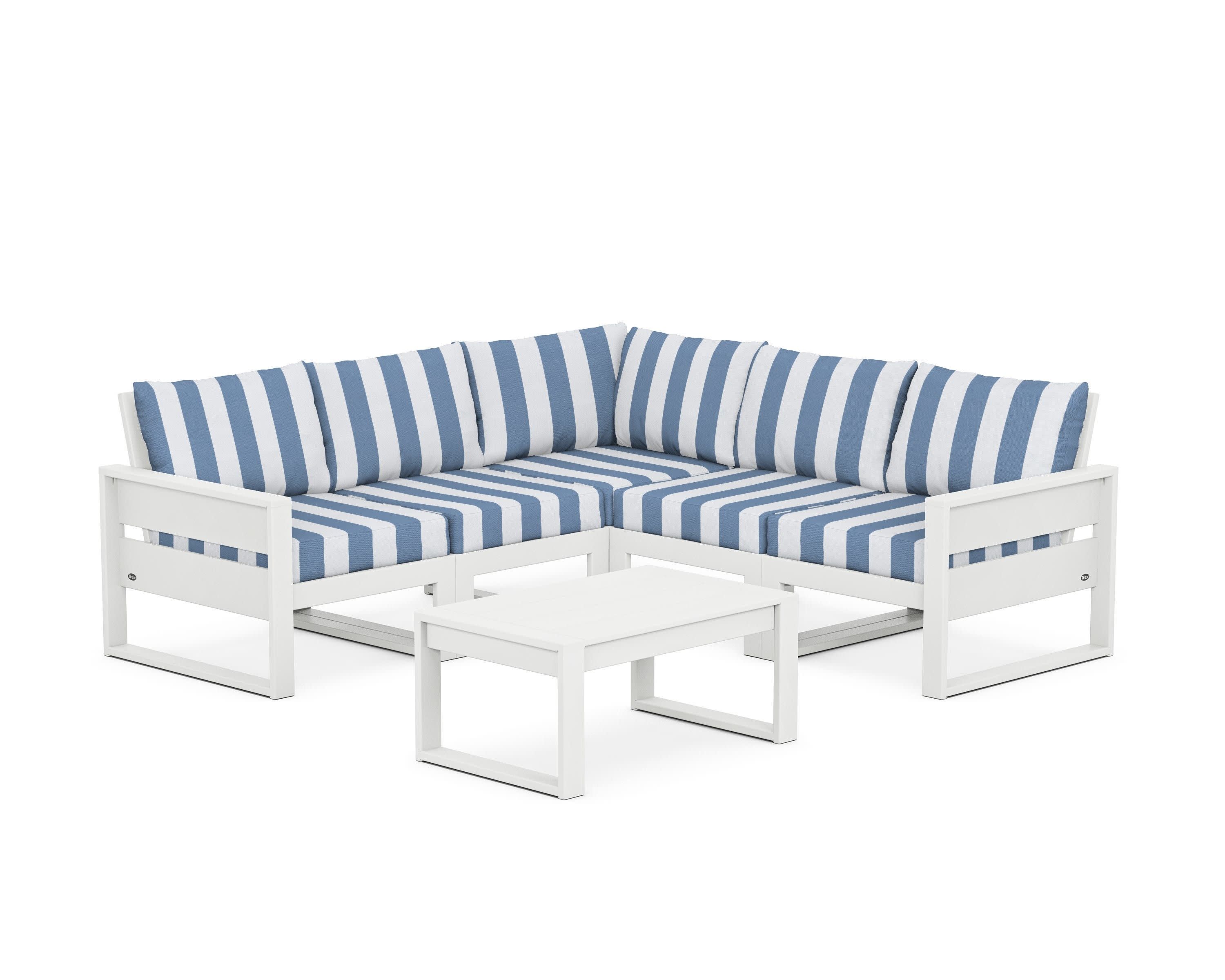 Eastport 6-Piece Deep Seating Sectional + Coffee Table Set in Classic White / Cabana Stripe Sky Blue