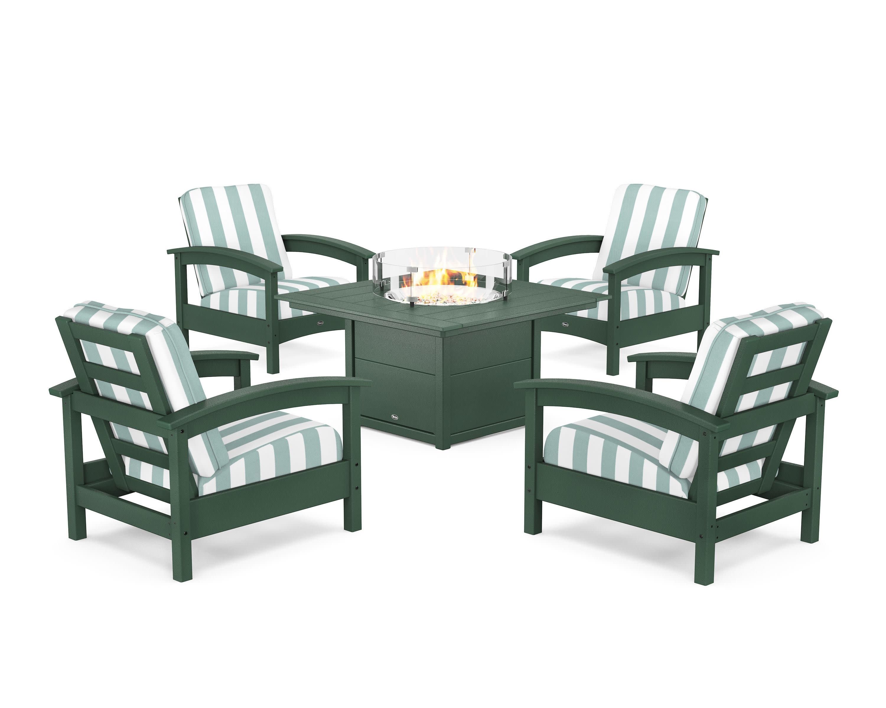 Rockport 5-Piece Deep Seating Set with Square Fire Pit Table in Rainforest Canopy / Cabana Stripe Glacier Spa