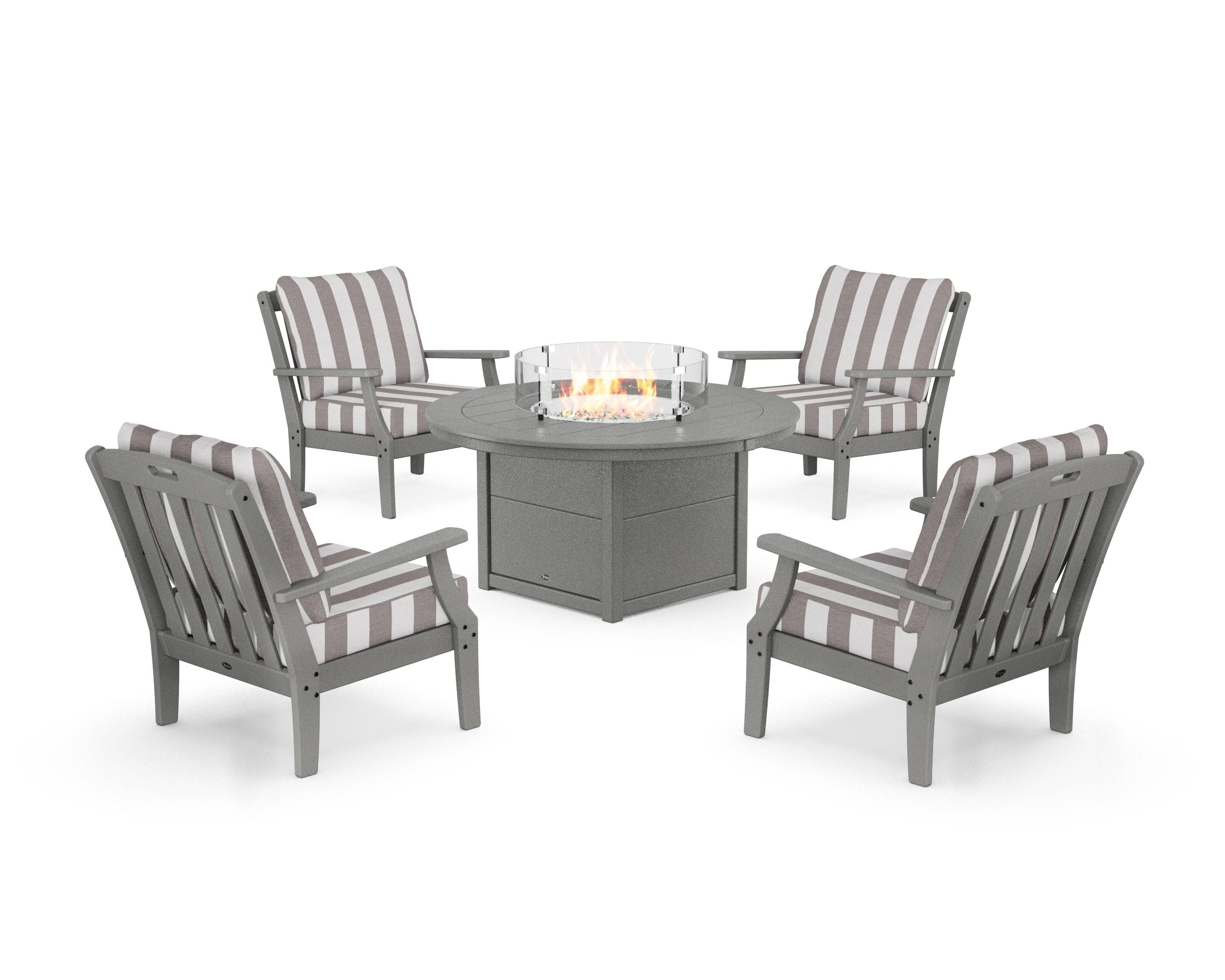 Yacht Club 5-Piece Deep Seating Set with Round Fire Pit Table in Stepping Stone / Cabana Stripe Grey Mist