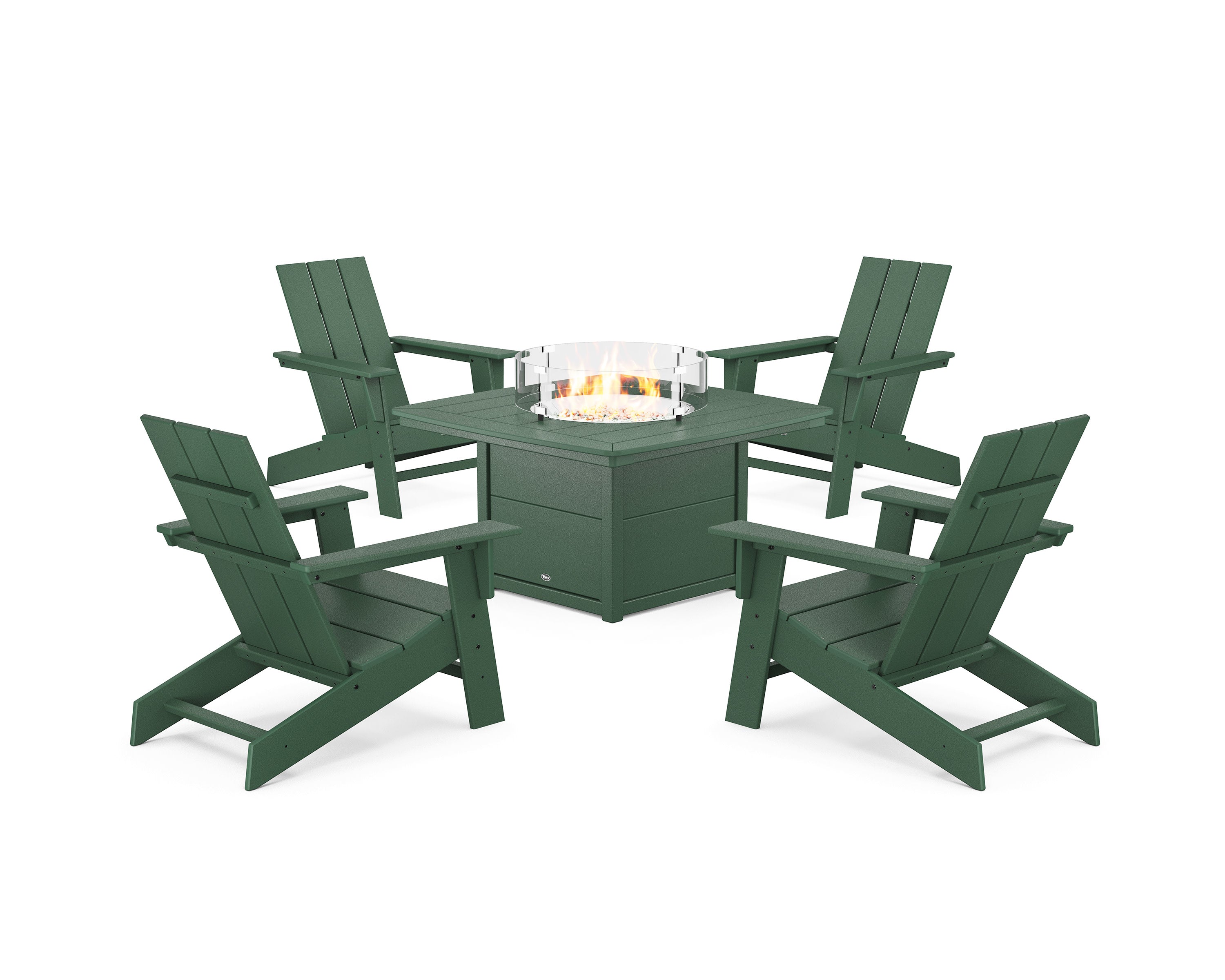 Eastport Modern Adirondack 5-Piece Set with Yacht Club Fire Pit Table in Rainforest Canopy