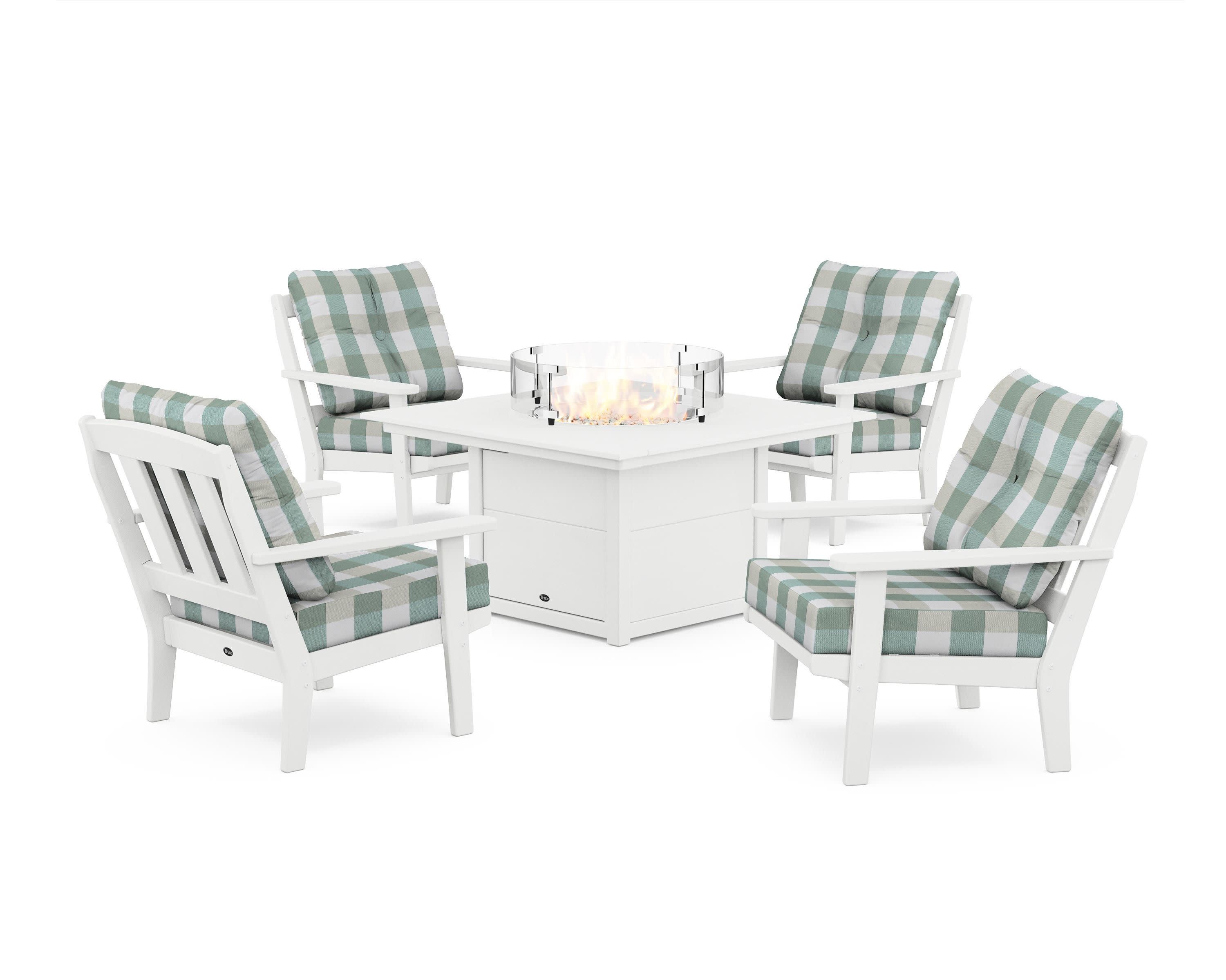 Cape Cod 5-Piece Deep Seating Set with Fire Pit Table in Classic White / Buffalo Plaid Glacier Spa