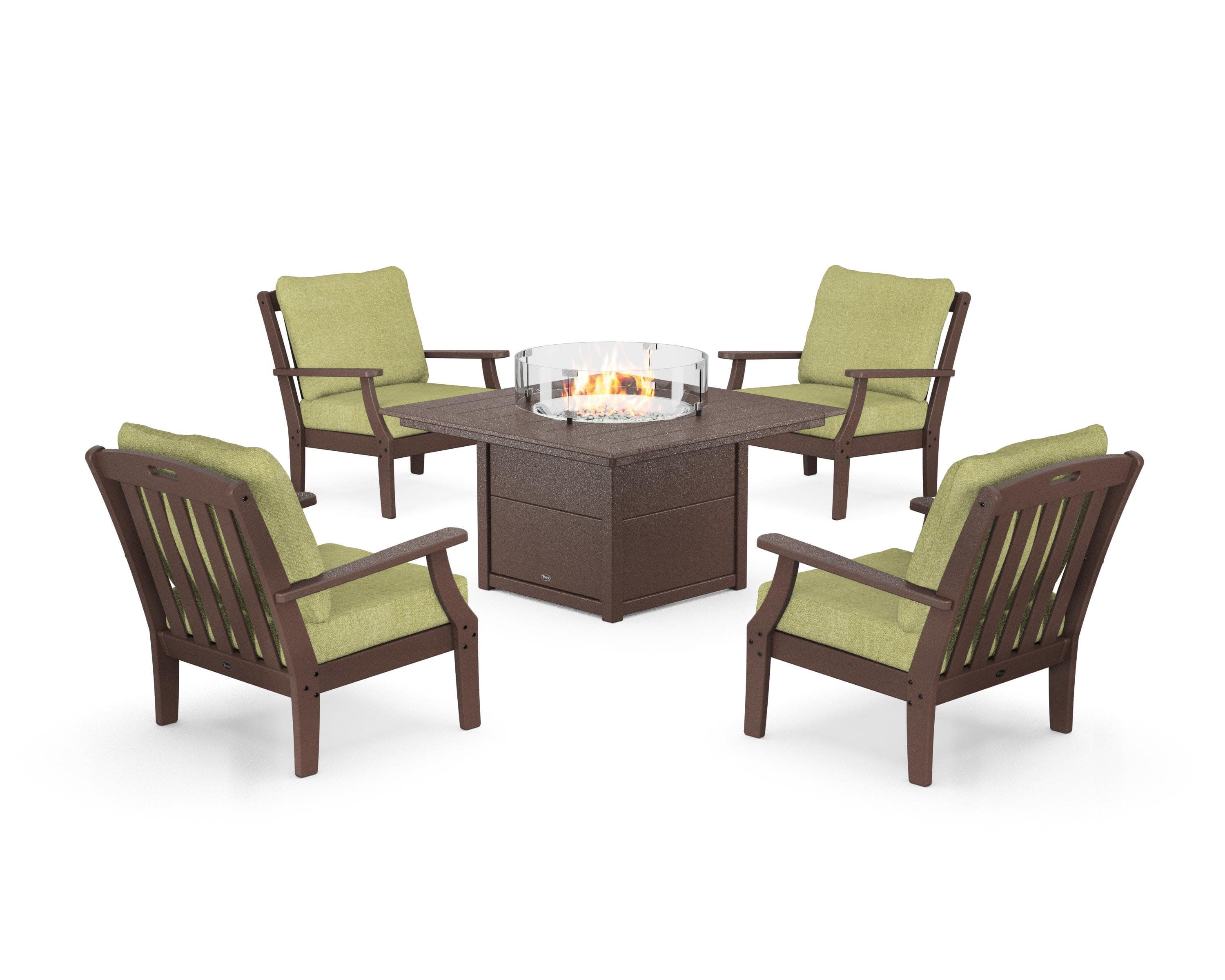 Yacht Club 5-Piece Deep Seating Set with Square Fire Pit Table in Vintage Lantern / Chartreuse Boucle