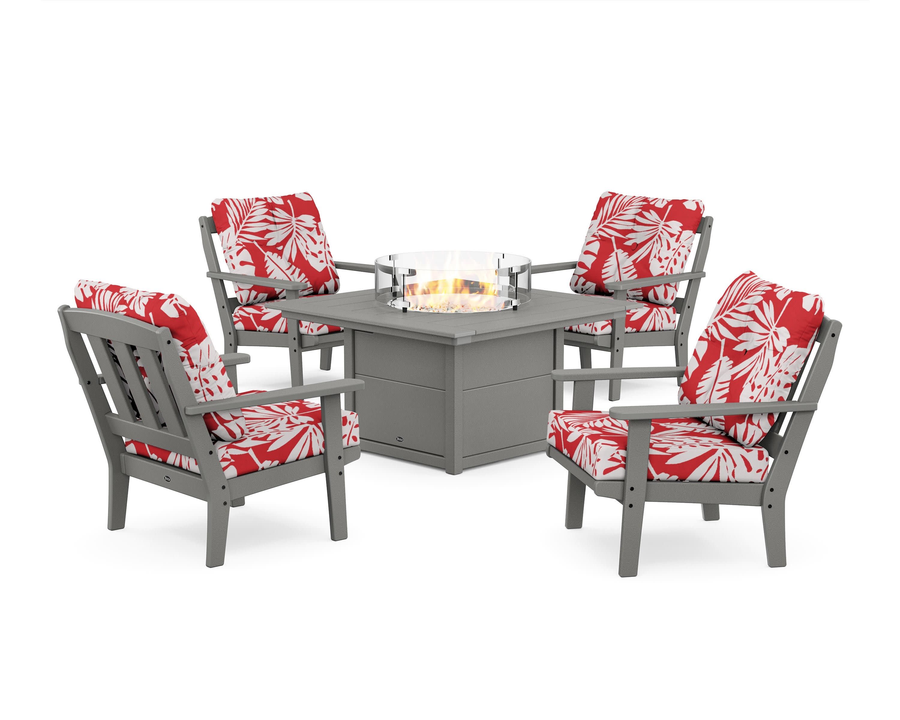Cape Cod 5-Piece Deep Seating Set with Fire Pit Table in Stepping Stone / Leaf Crimson