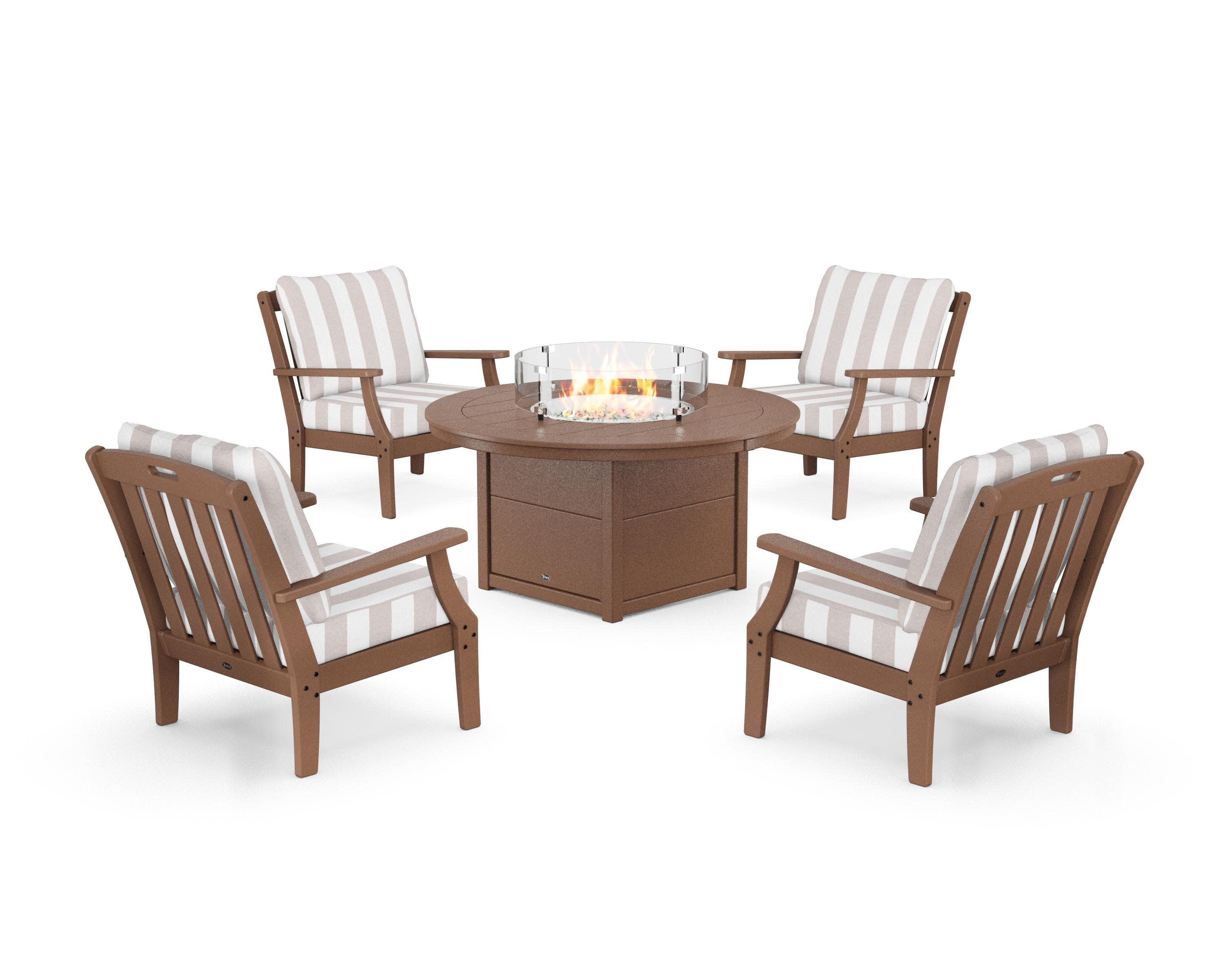 Yacht Club 5-Piece Deep Seating Set with Round Fire Pit Table in Tree House / Cabana Stripe Dune Burlap