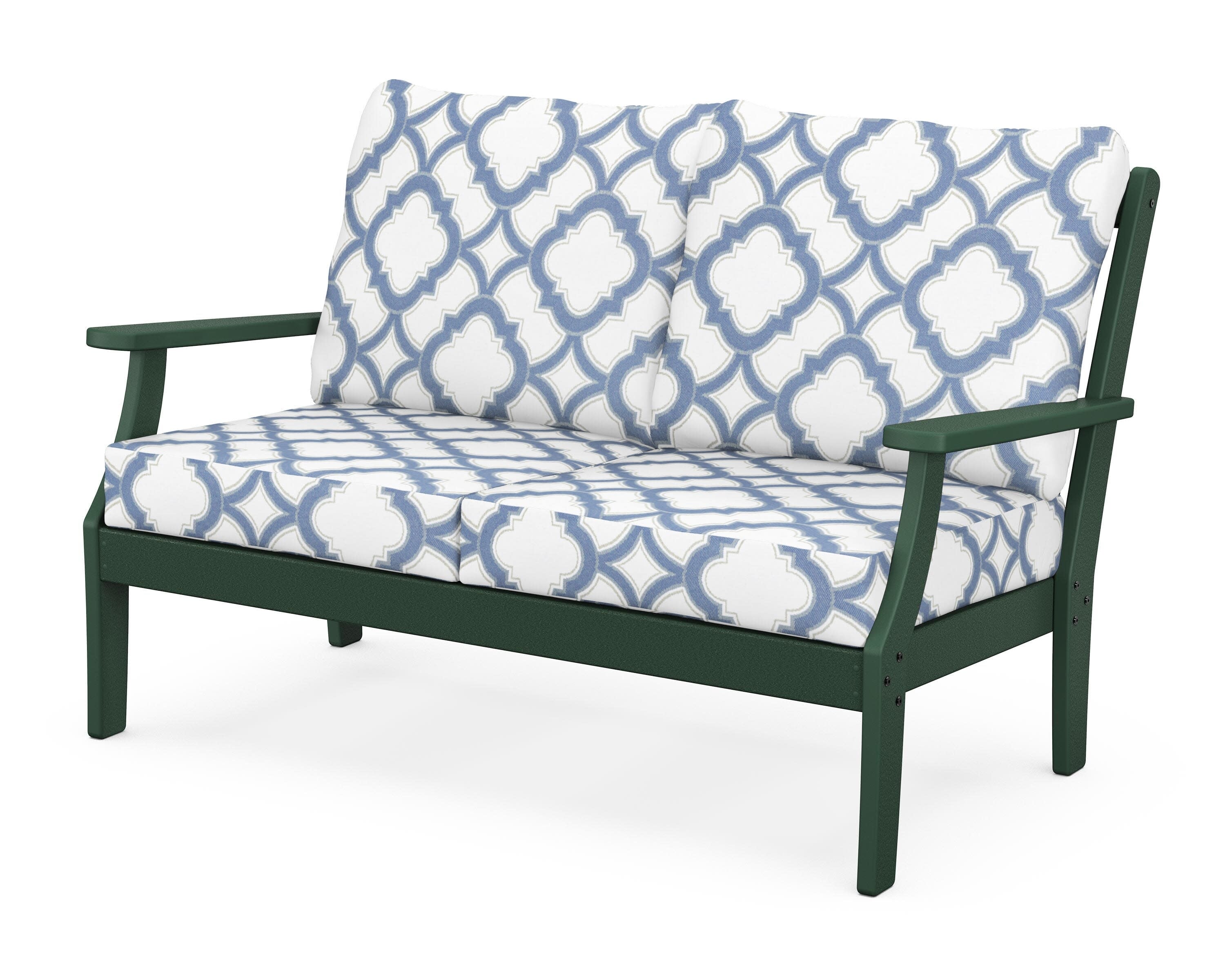 Yacht Club Deep Seating Loveseat in Rainforest Canopy / Trellis Sky Blue